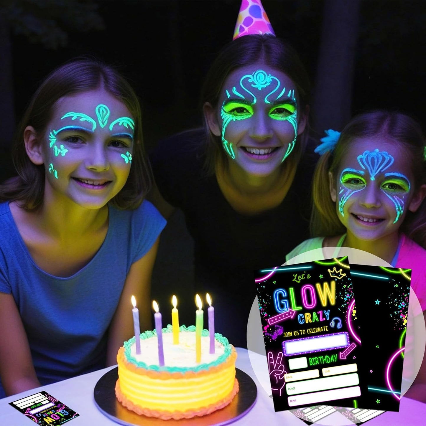 Let's Glow Crazy Birthday Invitations, 20 Invitation Cards with Envelopes, Retro Neon Theme Invites for Party Decorations Favor Supplies - A27