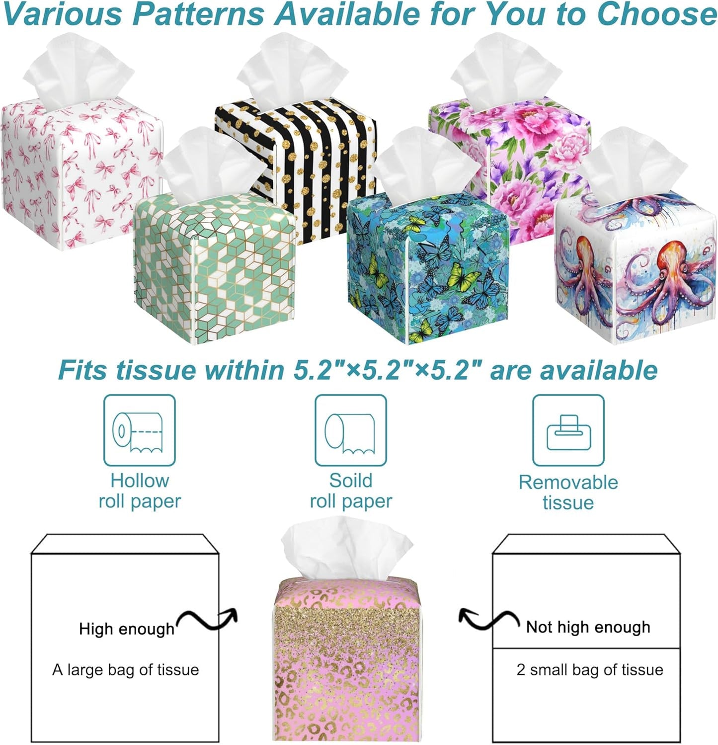 Pink Golden Leopard Tissue Box Cover Square,Gold Glitter Leather Tissue Holder,Waterproof Leather Facial Paper Organizer Tissue Box Cover for Home Office Bathroom Vanity Countertop,5.2" x 5.2" x 5.2"