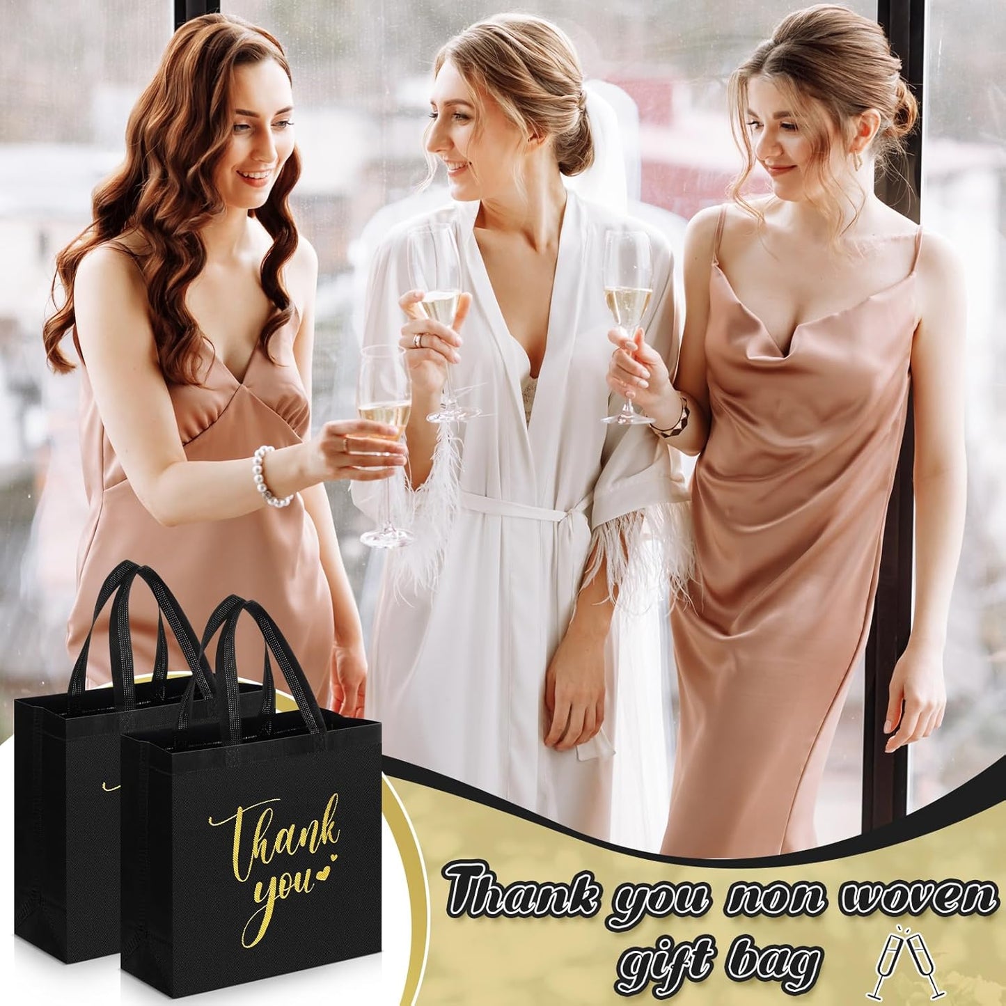 Sweetude 30 Pcs Thank You Gift Bags with Handles Bulk Reusable Goodie Bag Non Woven Foldable Handbag for Graduation Wedding Bridesmaid Gifts(11 x 12 x 5 Inch,Black)
