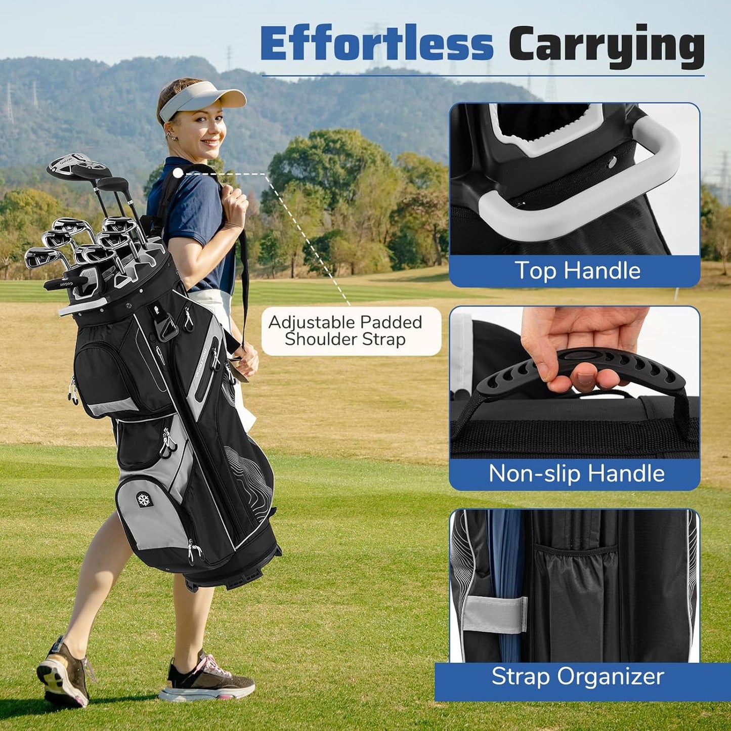Tangkula Golf Cart Bag with 14-Way Full Length Dividers, 6 Molded Lock Top Golf Club Bag with 11 Pockets, Cooler Bag, Padded Strap, Handles, Umbrella Holder & Rain Hood