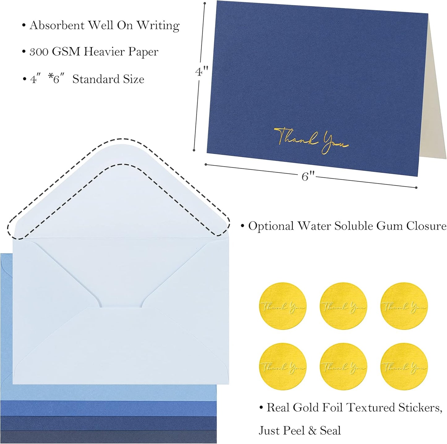 Crisky Blue Thank You Cards with Envelopes & Stickers, 50 Pack Navy Blue Bridal Shower Graduation Thank You Cards Small Business, Wedding Baby Shower Birthday Funeral Notes Bulk