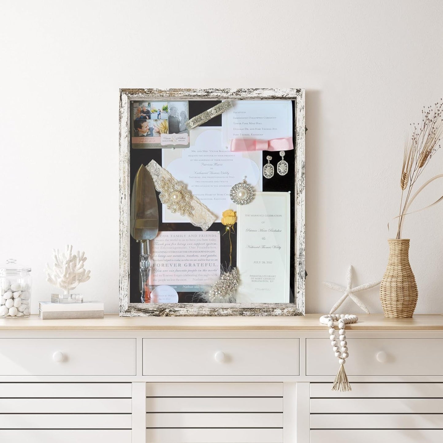 GraduatePro Shadow Box Frame 16x20 Display Case with Linen Back, Plexiglass Window Door with Hinge, Picture Frame Wedding Bouquet Memorabilia Medals Photos Memory Box for Keepsakes Rustic White