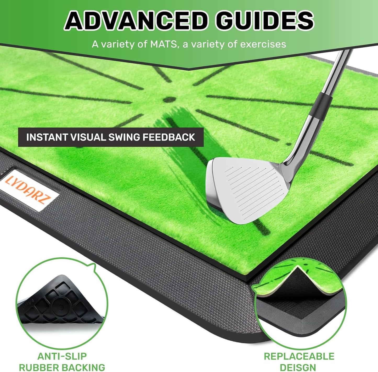 Golf Hitting Mats Training Equipment, Golf Practice Mat with Instant Swing Path Feedback, 3 Replaceable Golf Training Mats with No-Slip Heavy Duty Rubber Base