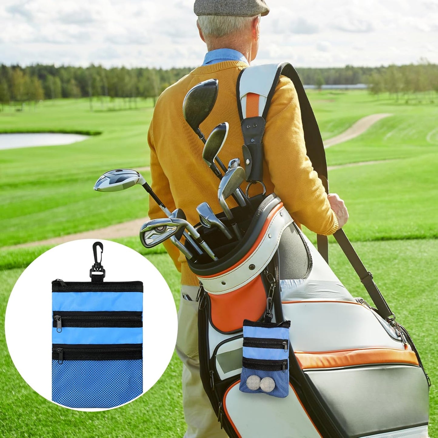 4 Pcs Golf Tee Holder 3 Zippered Golf Pouch Bag for Valuables Portable Ball Accessory Pouch for Men with Clip to Bag for More Storage, Easy Access, Black, Red, Blue, Gray
