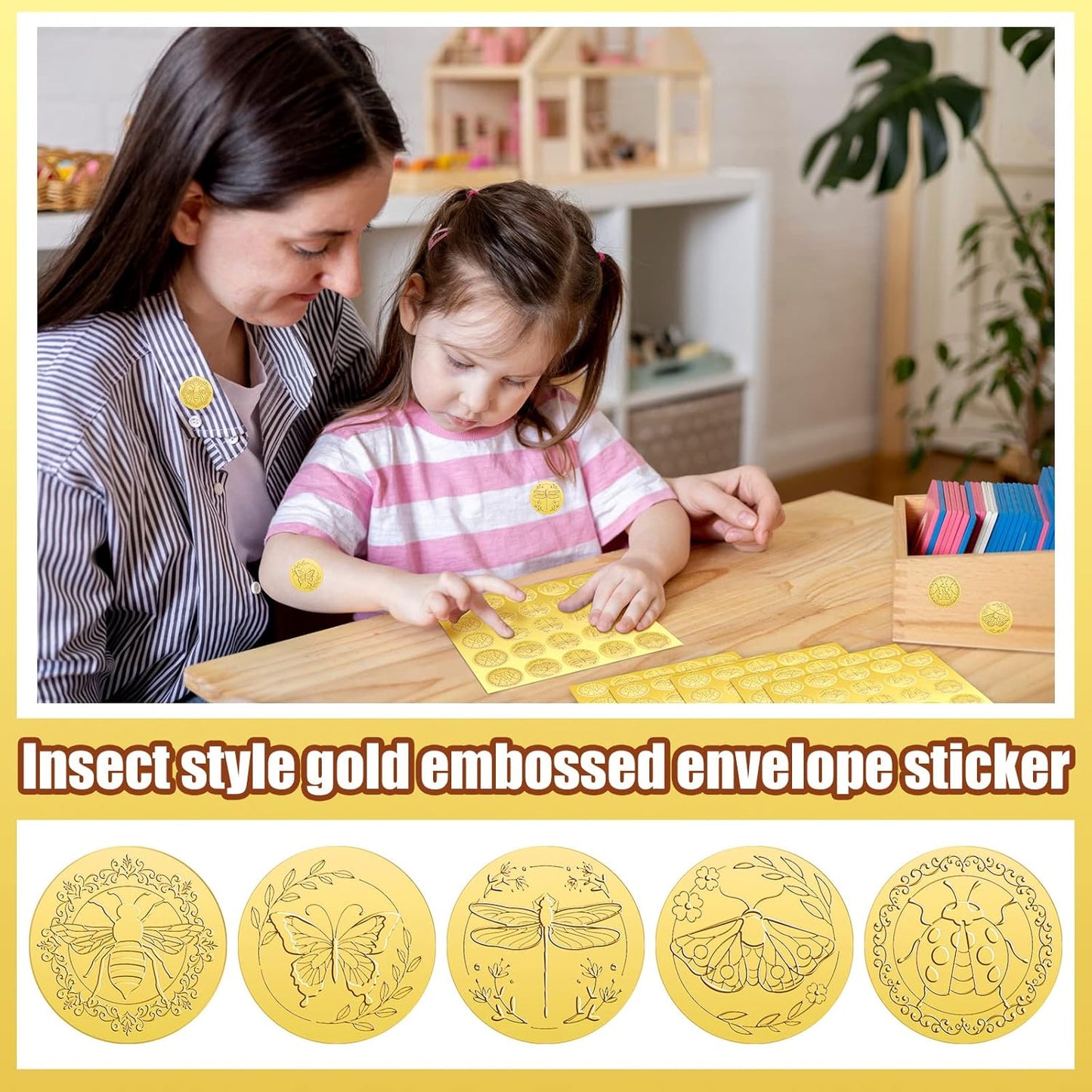Chinco 500 Pieces Gold Embossed Envelope Seals Stickers Adhesive Seal Stickers Vintage Embossed Foil Certificate Kit Plant DIY Labels for Wedding Invitations Envelopes, 5 Patterns(Insect Style)