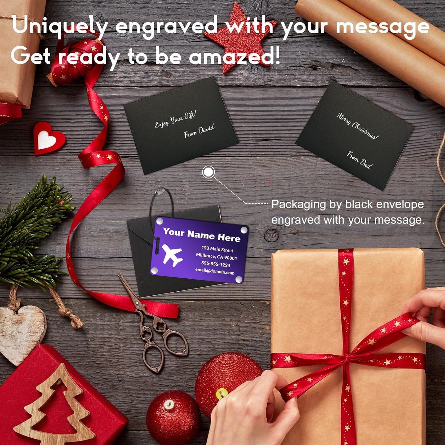 Personalized Luggage Tags: Custom Metal Luggage Tags for Suitcases, Backpacks and Bags with Your Personalized Text (Purple)