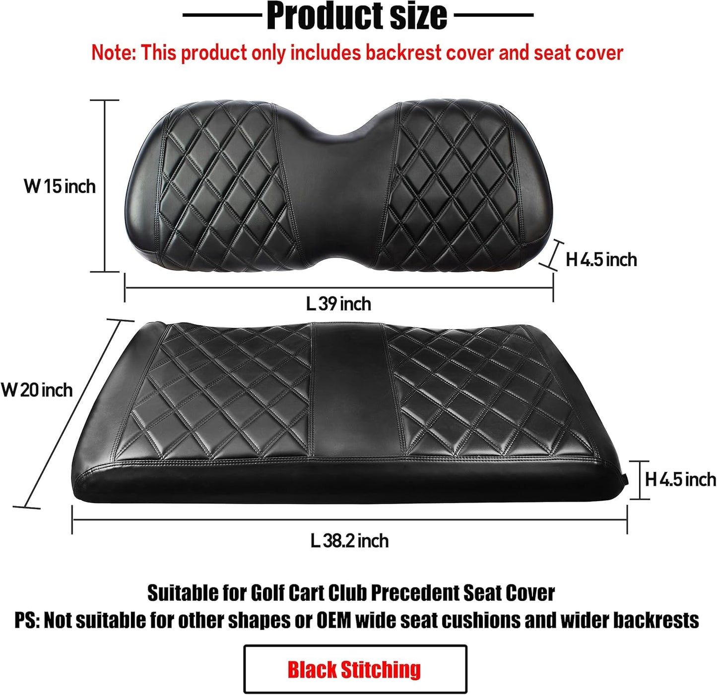 NOKINS P Diamond Seat Cover for Golf Cart Club Car Precedent Original Regular Cushion, No Stapler Required, Golf Cart Vinyl Replacement Front Seat Cover Black Stitching