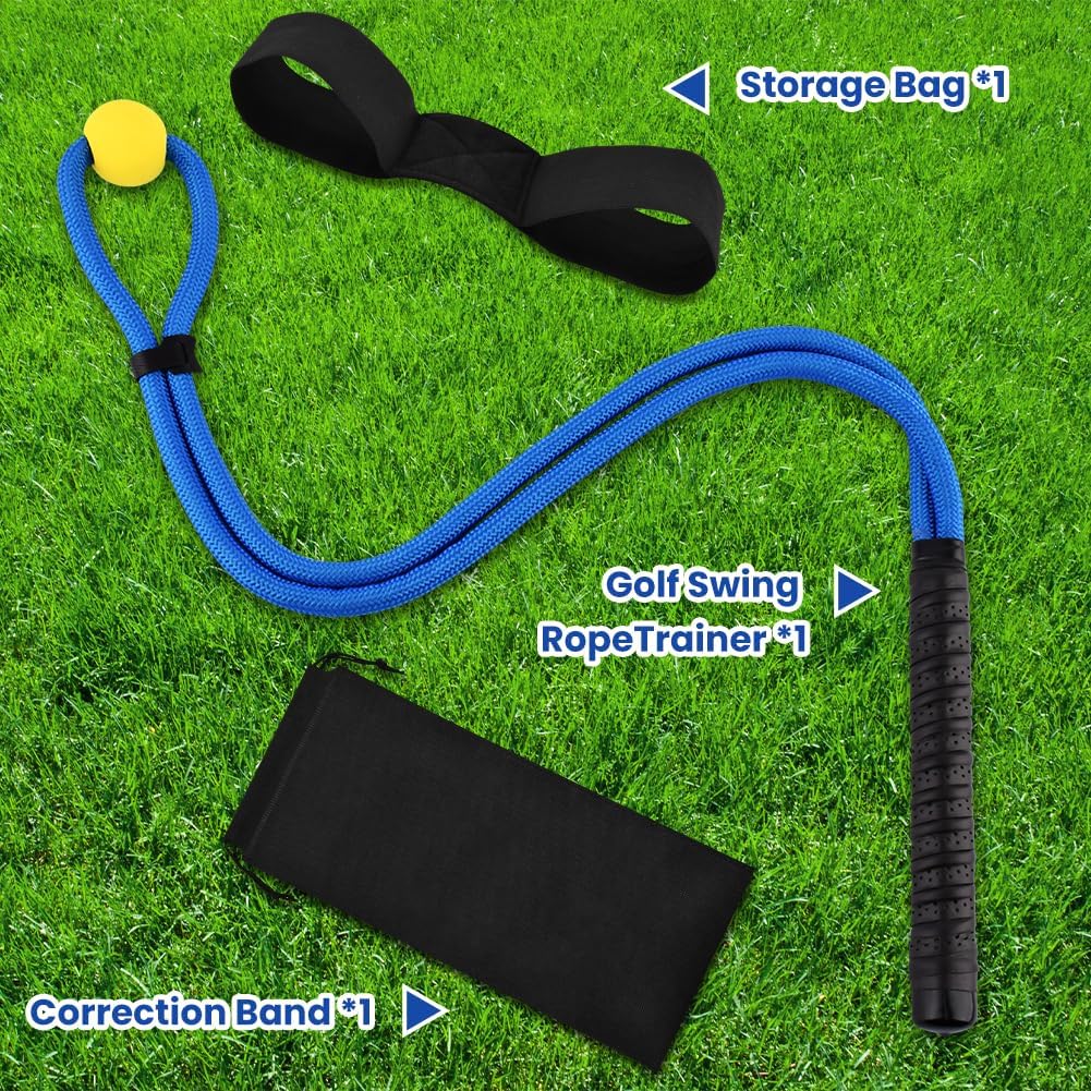 Golf Rope Swing Trainer Set, Golf Swing Training Aid to Improve Speed, Tempo, Rhythm, Flexibility and Strength, Included Correcting Arm Band&Rope Trainer with Weighted Ball