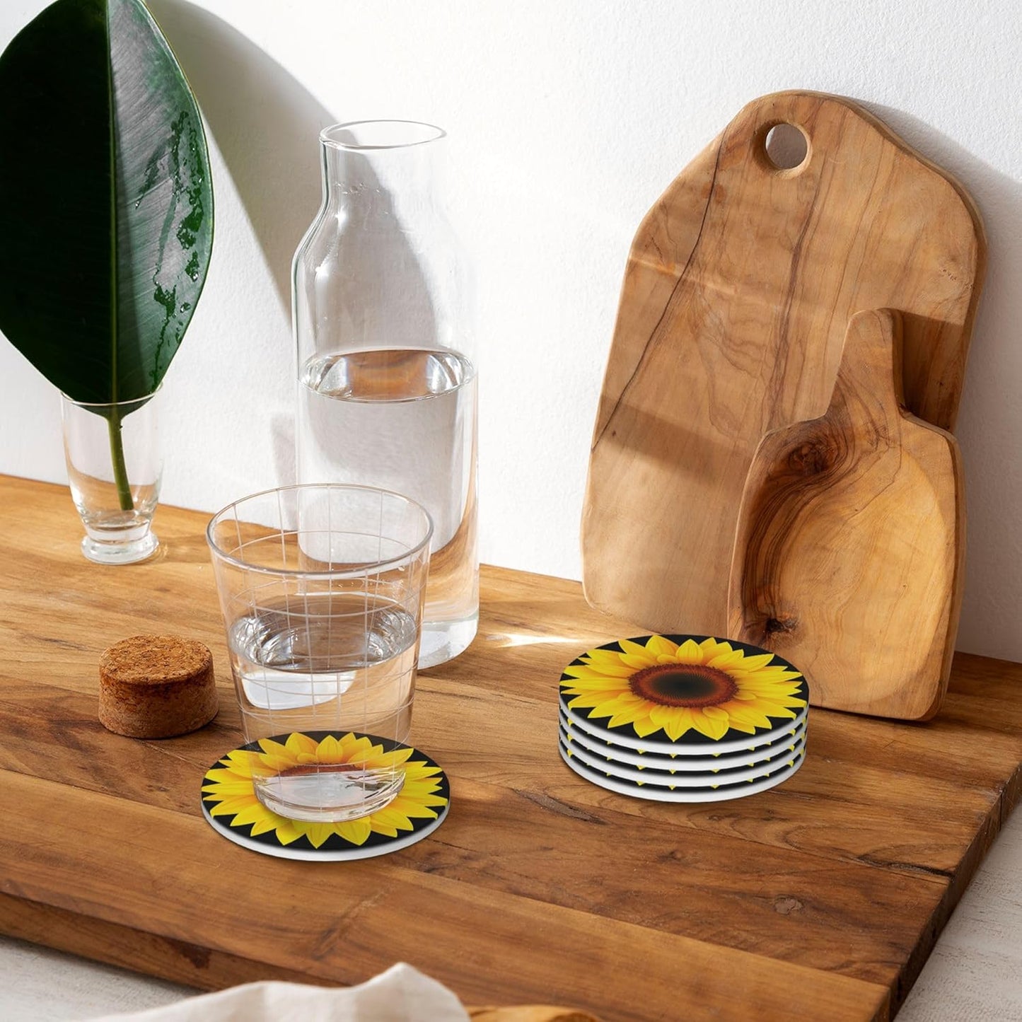 Sunflower Yellow Sun Flower Coasters for Drinks Set of 4, Absorbent Ceramic Drink Coasters for Coffee Table Wooden Table Cup Bar, 4 Inches