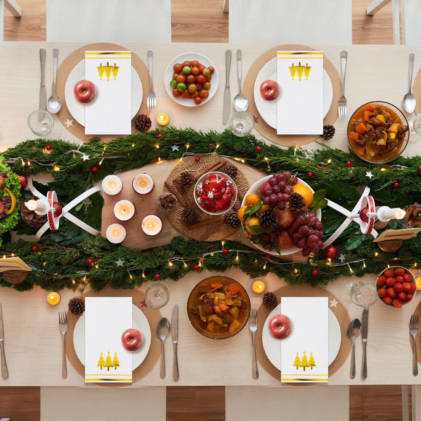 100 Pieces Christmas Napkins Disposable Christmas Gold Paper Napkins 7.8 x 4.3 Inch Decorative Guest Party Napkin White Gold Foil Xmas Tree Hand Towels for Winter Party Wedding Birthday