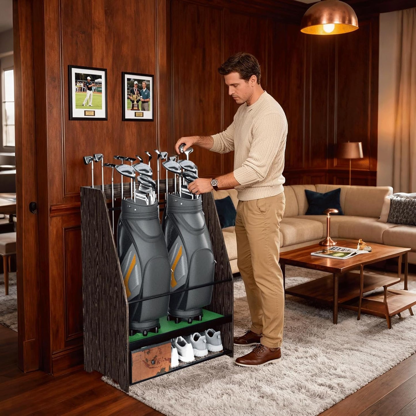 Golf Bag Organizer Rack – Large Wooden Golf Storage for 2 Bags, Clubs & Accessories with Dustproof Drawer, Sports Equipment Rack for Garage, Practice Room, Home or Office (Black)