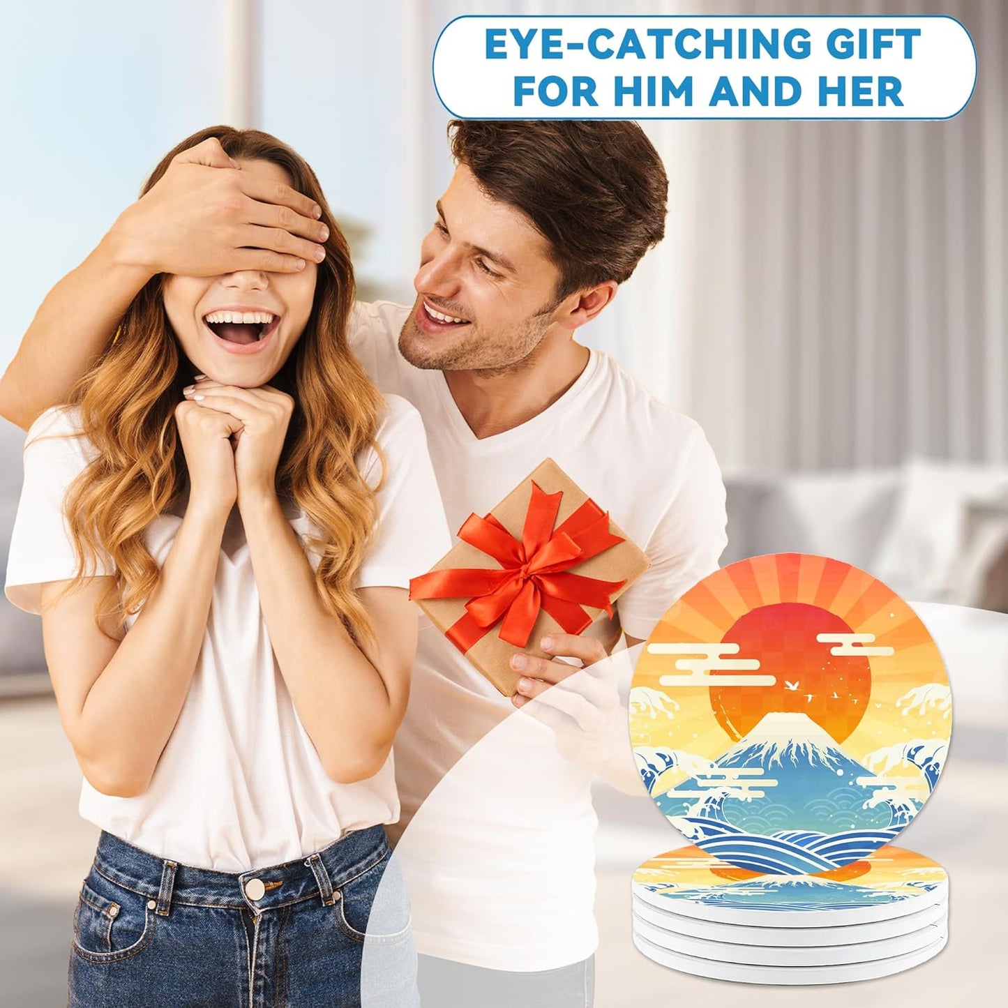 Drinks Coasters Set of 4, Japanese Style Sun Round 4" Cup Coasters, Absorbent Ceramic Stone Coasters with Cork Base, Cute Coasters for Table Home Décor, Ideal Gifts for Women Men