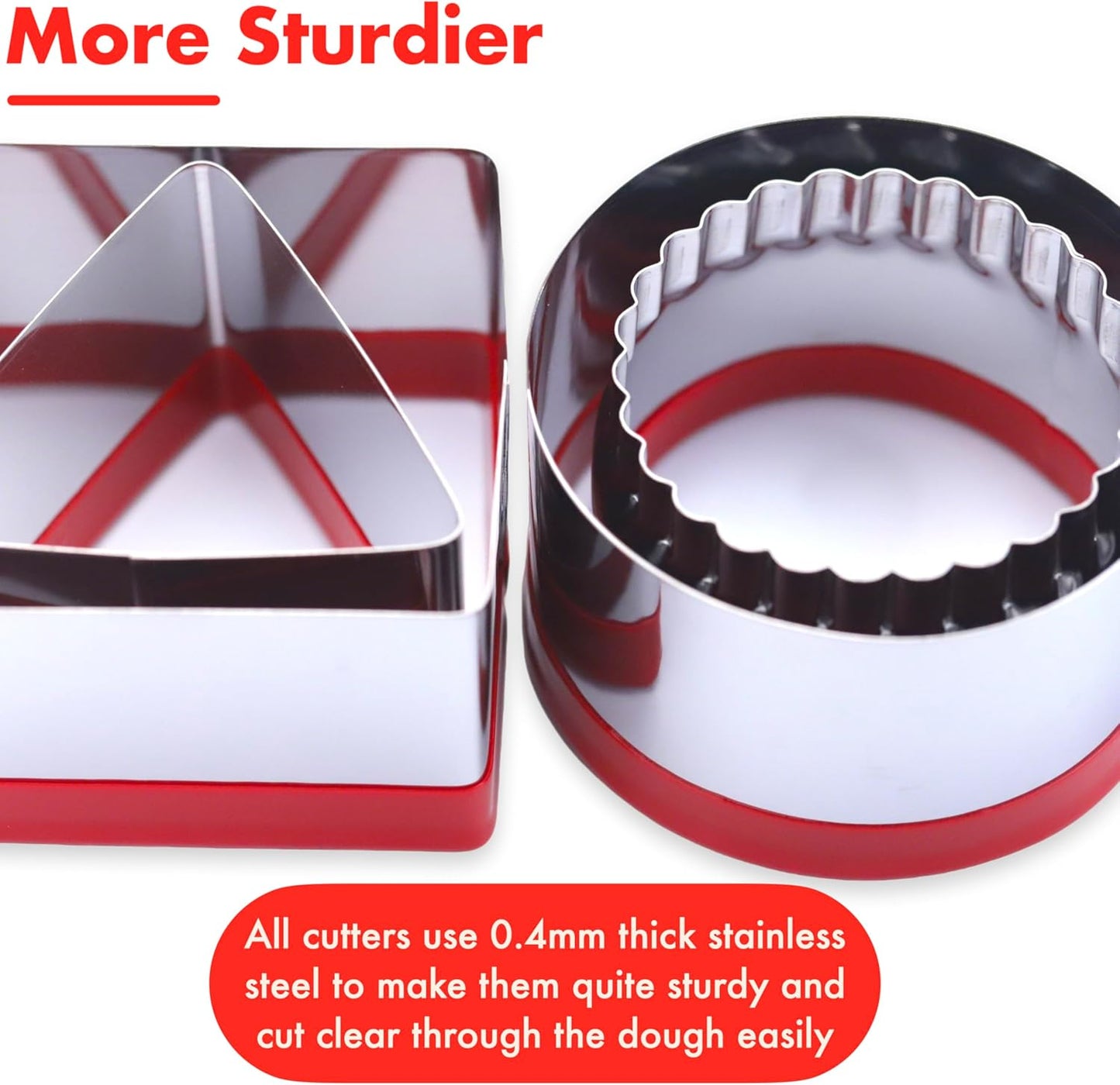 4 Pcs Cookie Cutters Set - Round Fluted Square Triangle Biscuit Cutter with Red Top Rubber Guard for Baking Scone and Circle Cookies