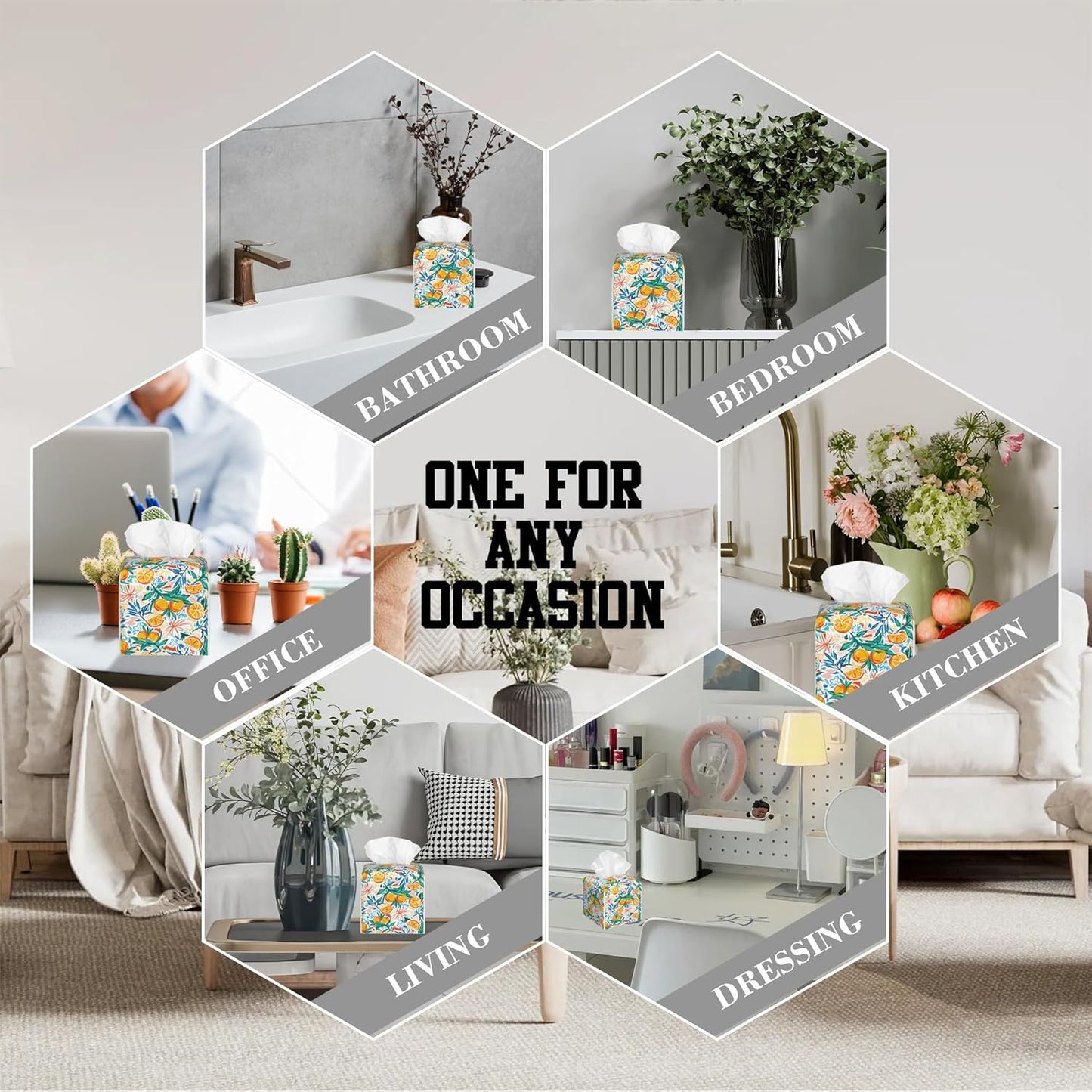 Summer Fruits Orange and Leaves Tissue Box Cover Square, Tissue Box Holder Leather Facial Paper Case Decorative Organizer Holder Dispenser Home Office Car Decor