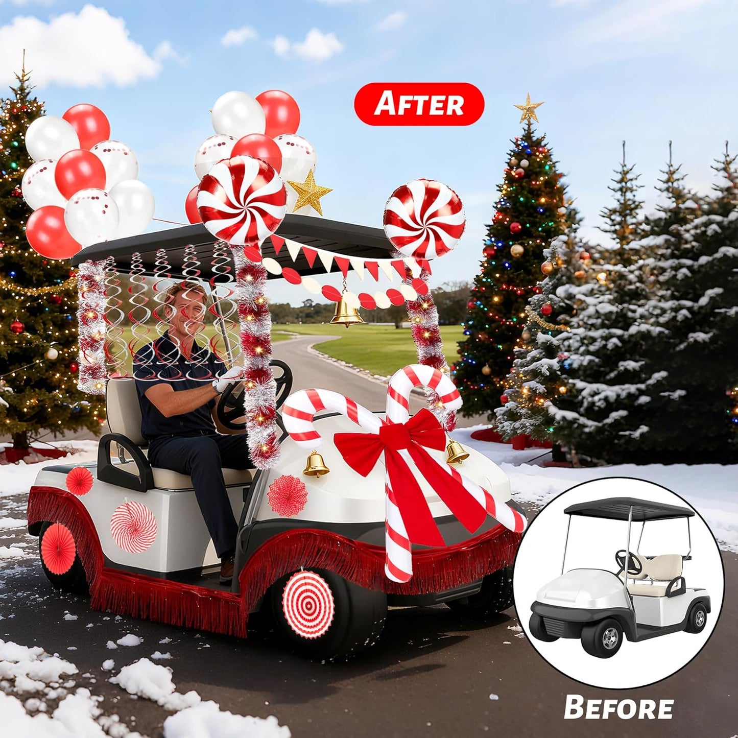 48 Pcs Christmas Parade Golf Cart Decoration Kit with Light String Red White Streamers Candy Canes Balloons Bow Pleated Fan Fringe Banners for Christmas Holiday Party Golf Cart Accessories