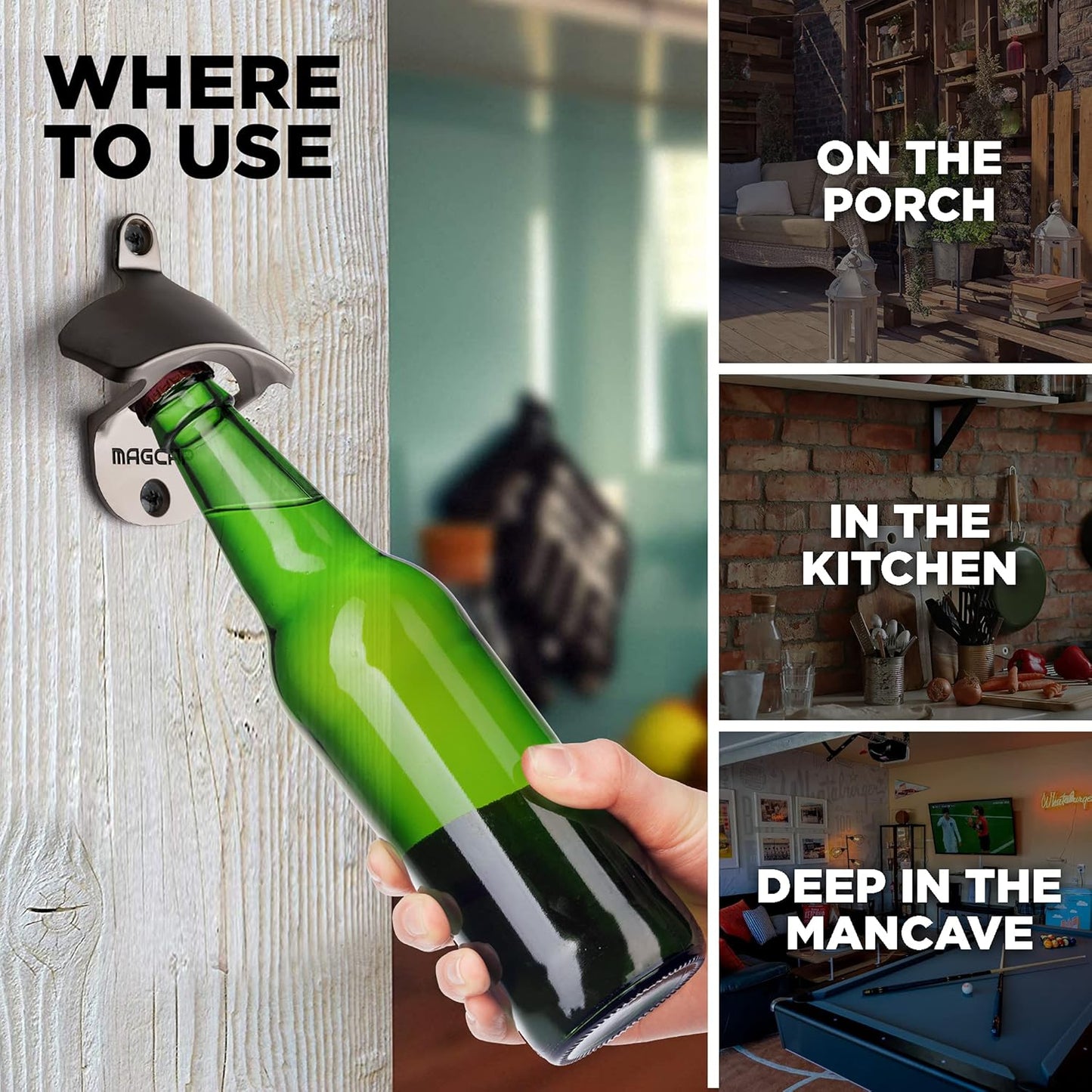 Outdoor Bottle Opener Wall Mounted - Style Magnetic Beer Bottle Opener that Catches Caps - Easy to Install and Incredibly Convenient
