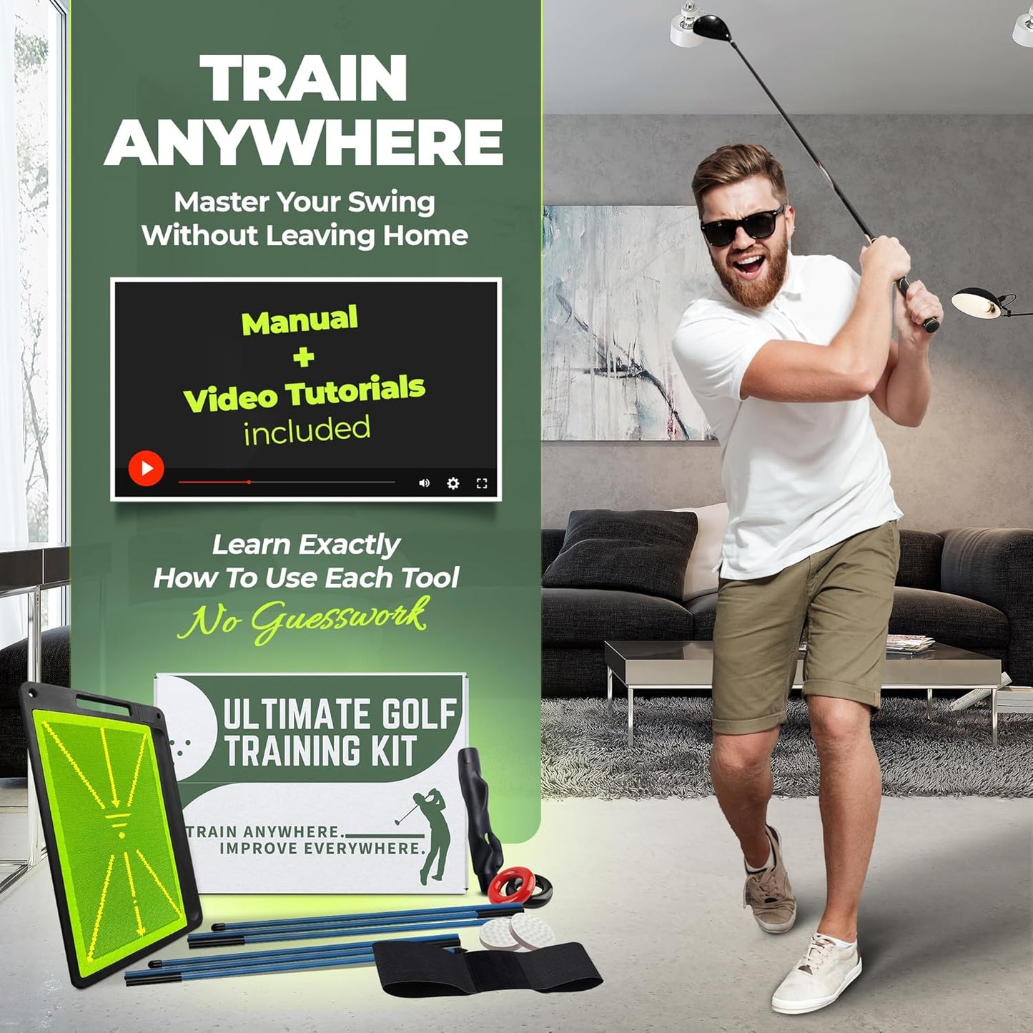 6-in-1 Golf Training Aid w/Divot Board, Golf Grip Trainer, Swing Trainer, Alignment Sticks | Golf Accessories for Men & Women | Hitting Mat Practice Indoor & Outdoor