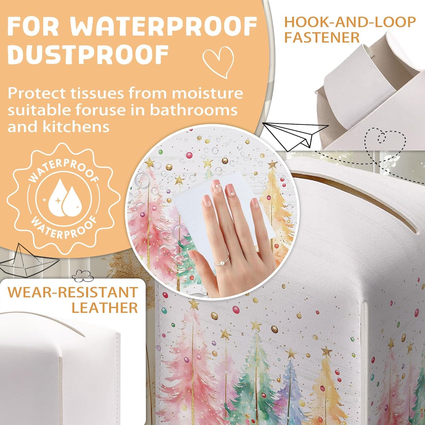 Women Tissue Box Holder, Colorful Christmas Tree Leather Tissue Box Cover Square, Paper Facial Decorative Tissues Cover for Night Stands Bathroom Kitchen Office Home Decor-B19