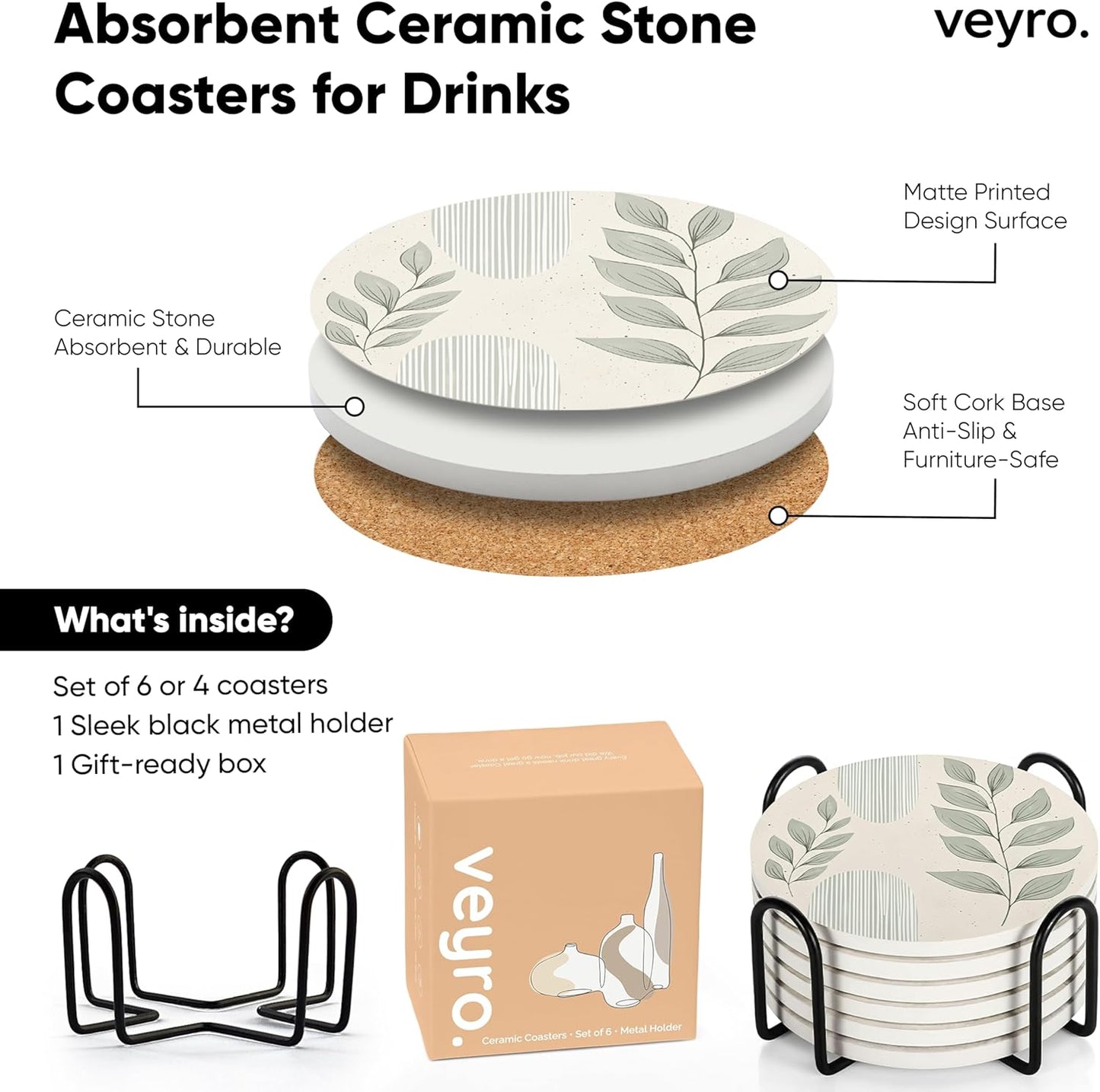 VEYRO Coasters Set of 4 for Drinks – Absorbent Ceramic Stone Drink Coasters with Cork Backing for Coffee Table & Desk, Modern Boho Look Cup Coaster Set, Housewarming Gift for New Home