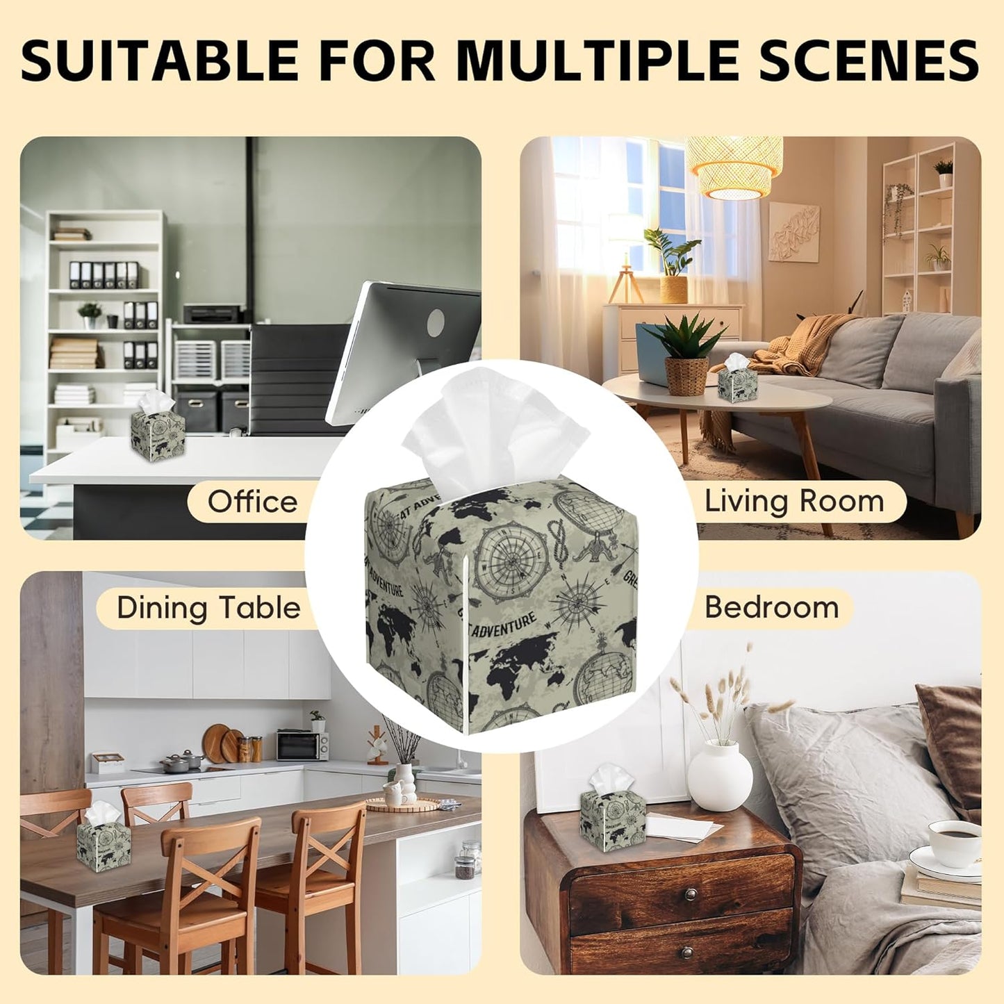 Tissue Box Cover Square,Retro Globe World Map Tissue Box Holder Waterproof Leather Facial Paper Case Modern Home Decoration for Bedroom Dresser Night Stand Office Desk