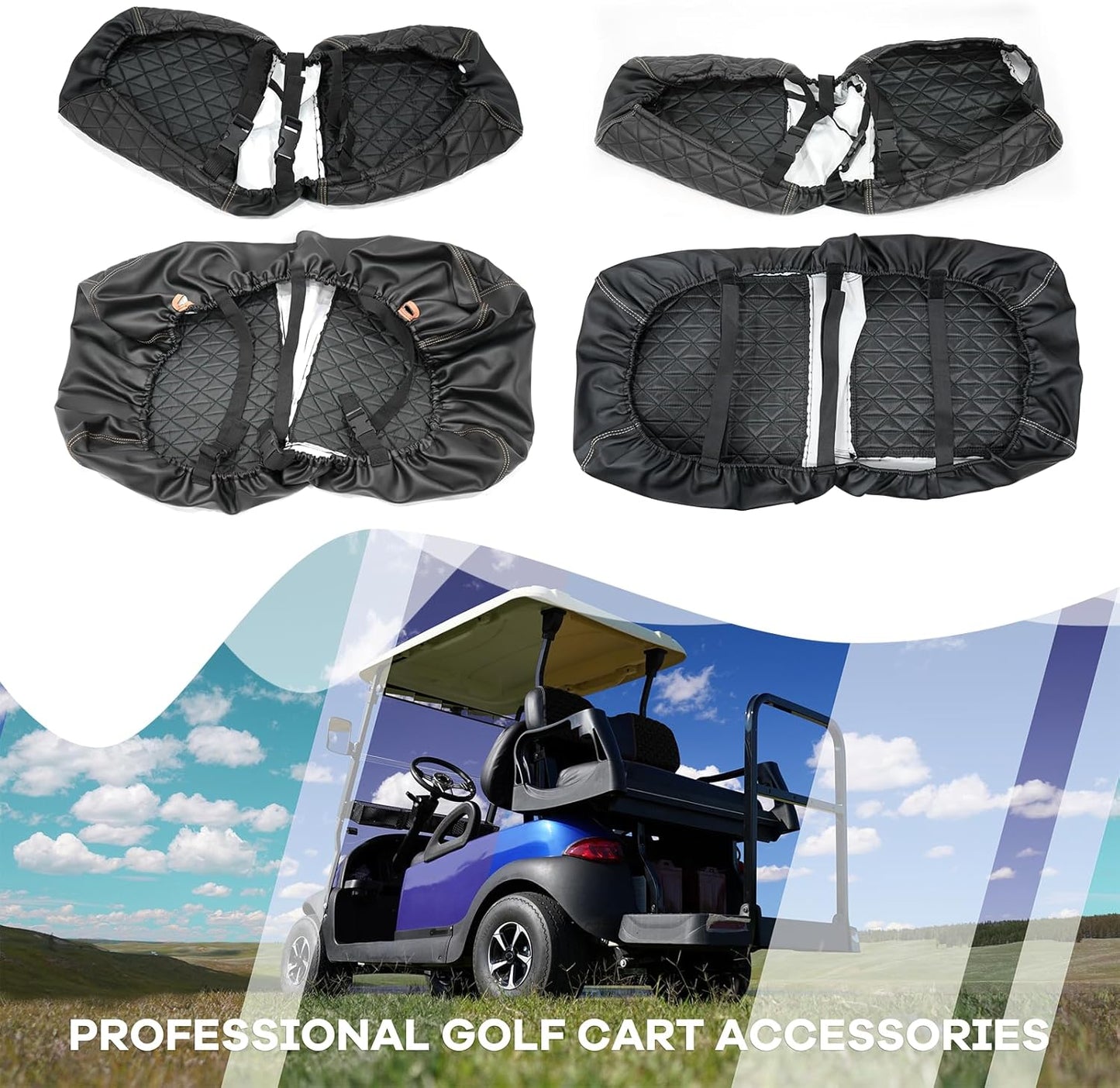 XUANYUDG0769 Golf Cart Front and Rear Seat Covers for EZGO TXT/RXV Club Car DS/Precedent Yamaha G29, Vinyl Leather Made/Adjustable Straps and Retractable Buckle/No Stapler Required,4PCS