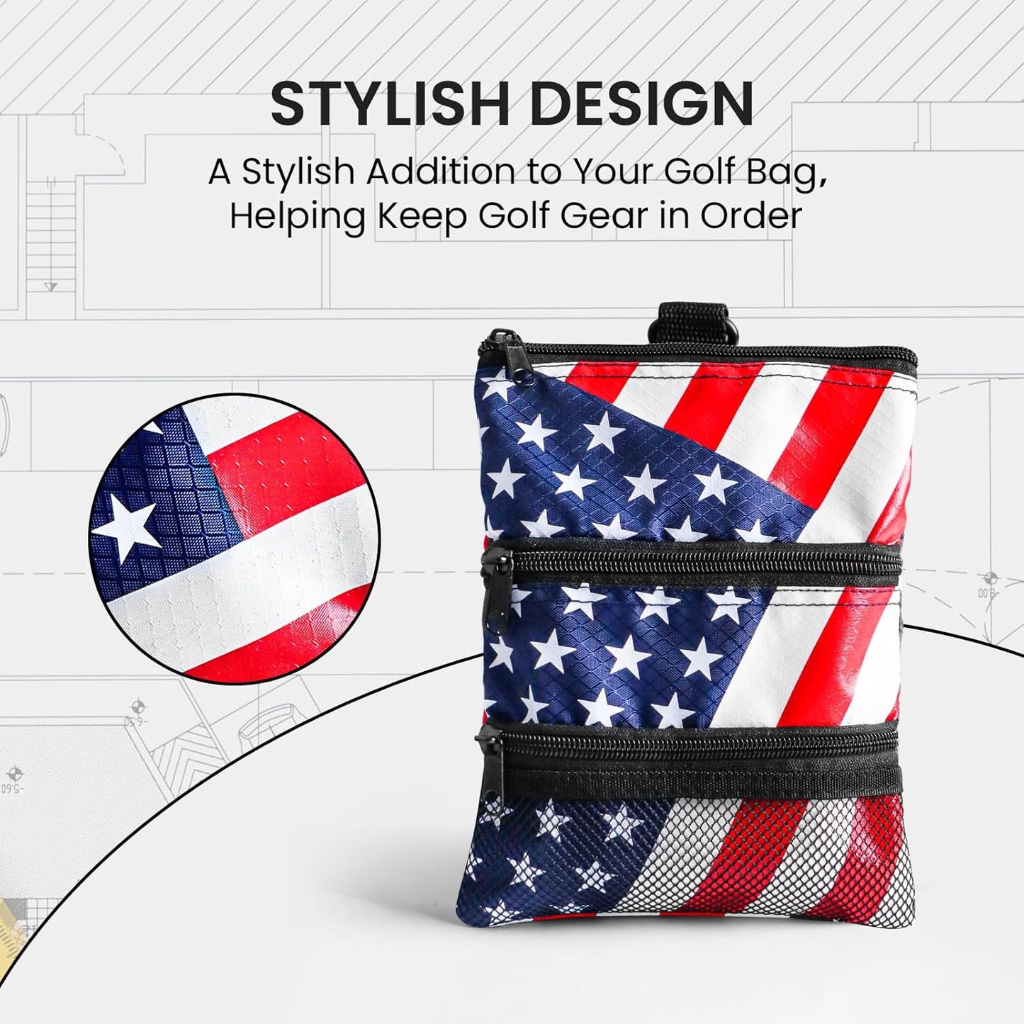 FINGER TEN Golf Pouch Bag for Valuables Tee Color with 4 Golf Pencil Pack, Zippered Pocket Gear Clip Hook to Bag