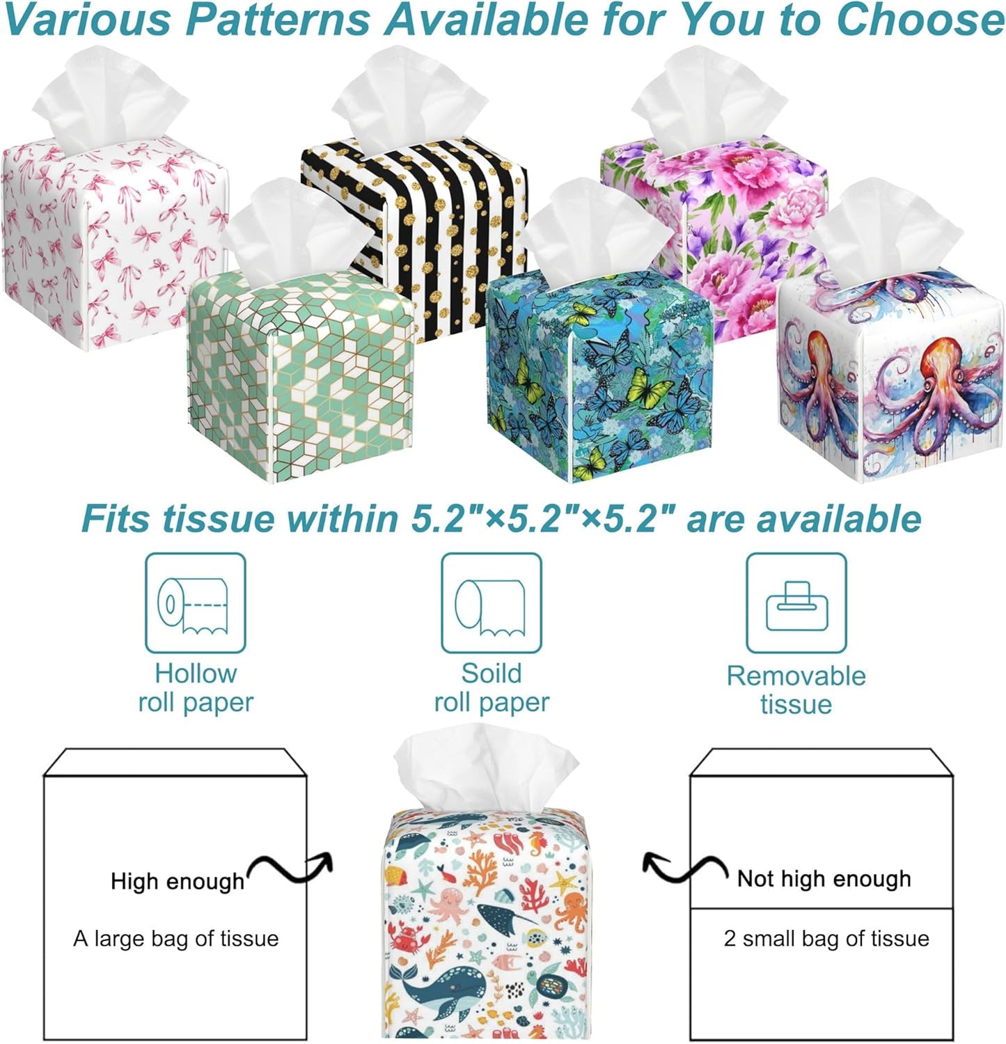 Cute Sea Life Tissue Box Cover,Whale Tissue Box Holder Square with Bottom Belt,Waterproof Leather Organizer Portable Decorative Facial Paper for Bedroom Dresser Night Stand Office,5.2" x 5.2" x 5.2"