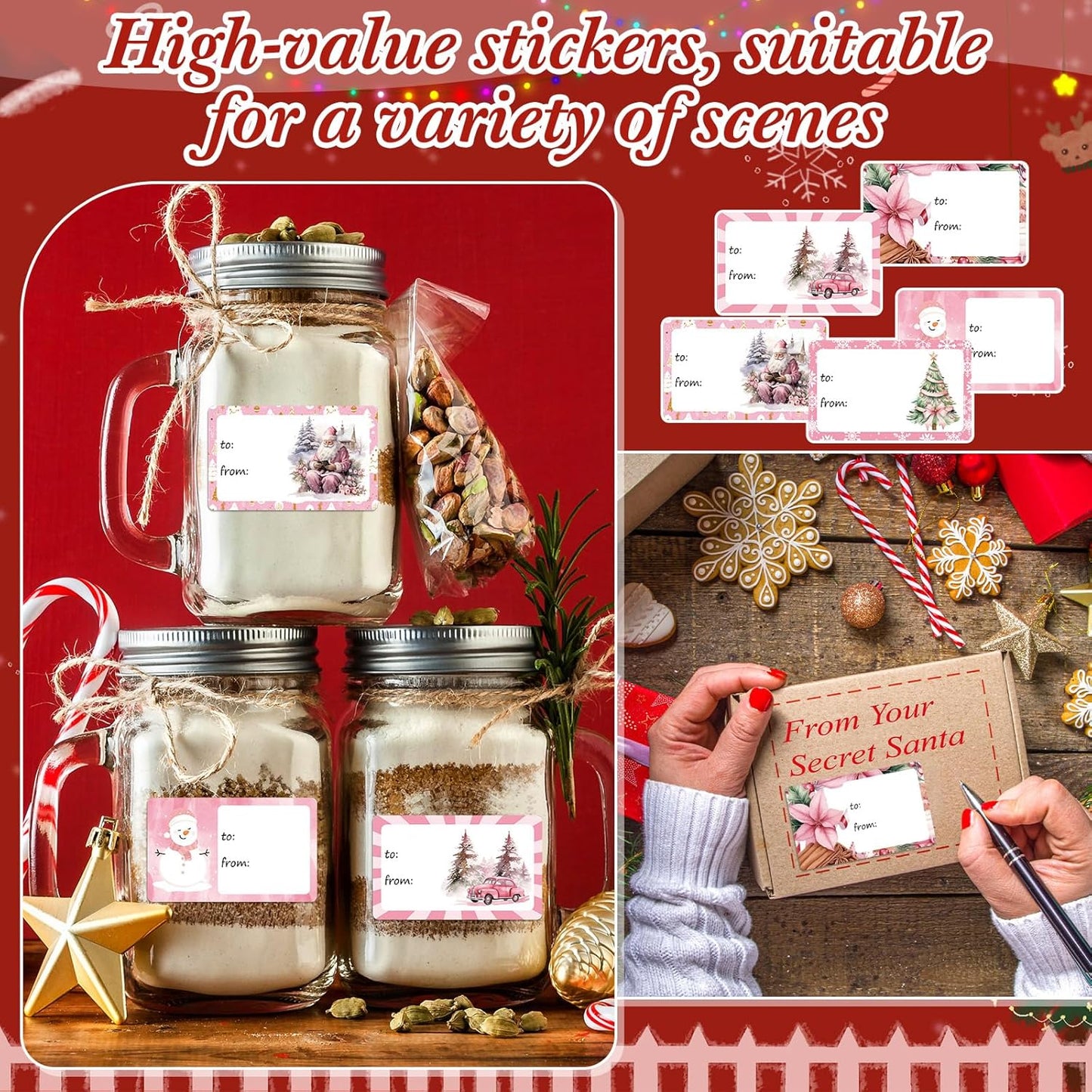 Outus 500 Pieces Christmas Tags Self Adhesive Gift Tags for Xmas Presents Christmas Name Labels Stickers for Wrapping Paper Festival Birthday Holiday Decor(Sweet Style,2.76 x 1.57 Inch)