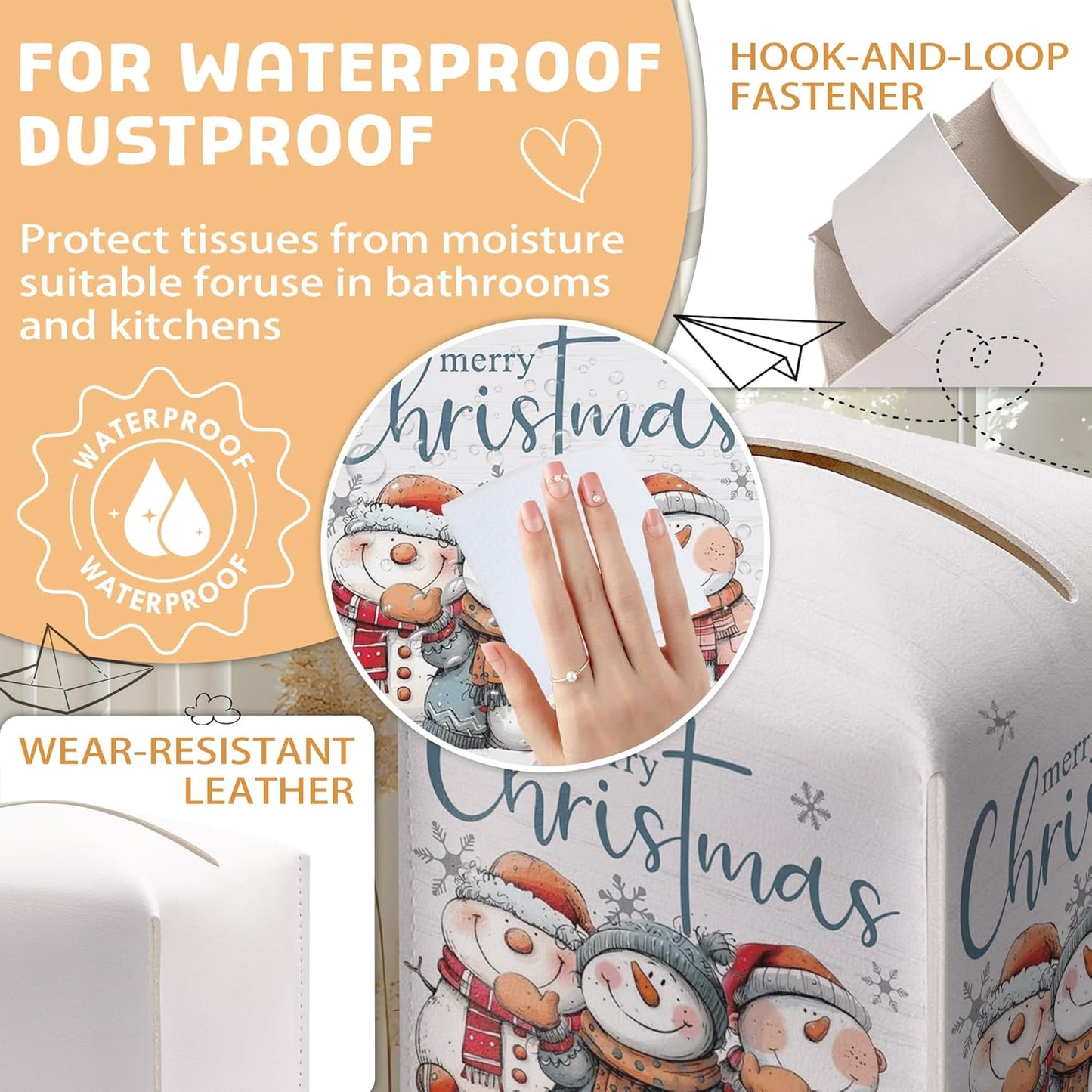 Christmas Snowman Tissue Box Holder, Cute Snowman Family Christmas Leather Tissue Box Cover Square, Paper Facial Decorative Tissues Cover for Night Stands Bathroom Office Home Decor-B03