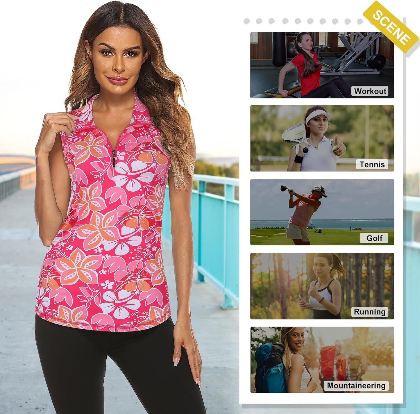 Koscacy Women's Sleeveless Golf Tennis Polo Shirts Zip Up Dry Fit Workout Tank Tops Athletic Shirt