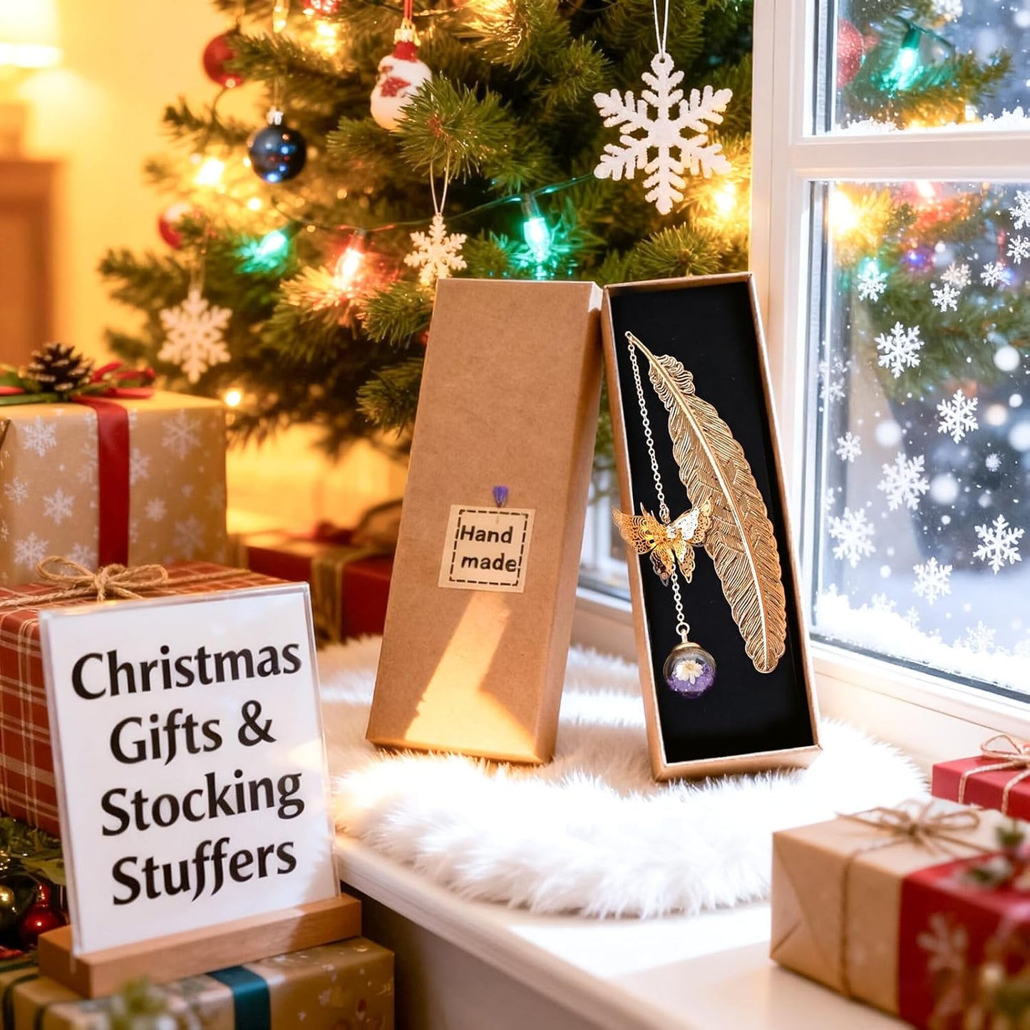 Metal Feather Bookmark with Butterfly Charm β Christmas Gifts for Women, Teachers & Book Lovers β Stocking Stuffers, Secret Santa, Birthday & Holiday Gift Box