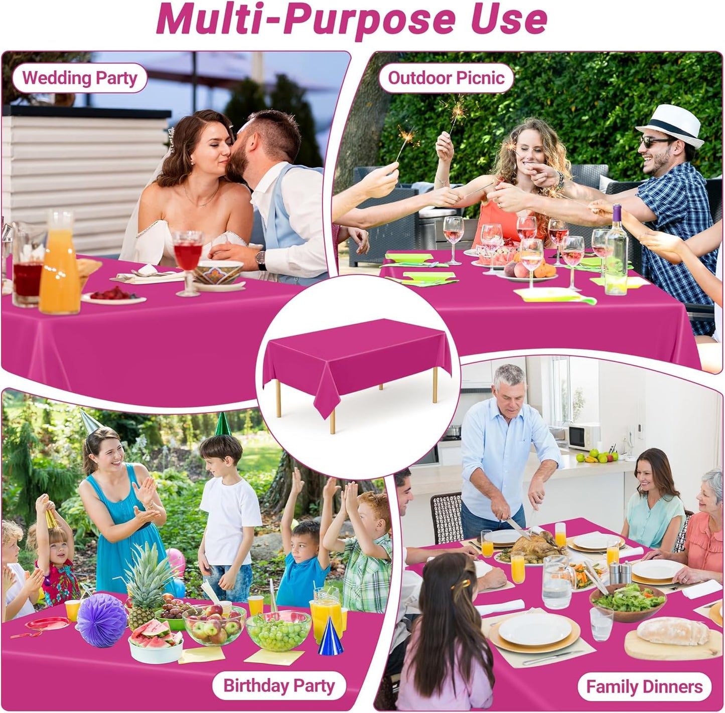 12 PCS Rose Red Disposable Tablecloth, Rectangle Plastic Table Cover, Elegant Smooth Table Cloth, 54 X 108 IN Hot Red Disposable Tablecloth for Birthday Parties, Weddings, Picnics, and Outdoor Events