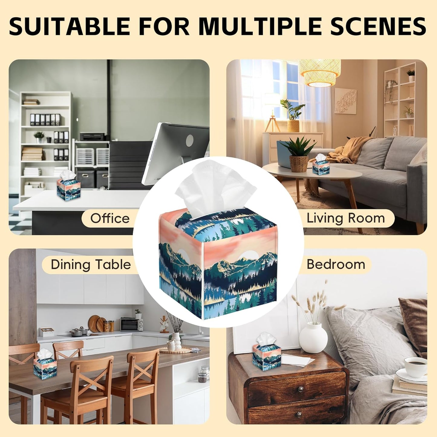 Tissue Box Cover Square,Abstract Mountains and Trees Tissue Box Holder Waterproof Leather Facial Paper Case Modern Home Decoration for Bedroom Dresser Night Stand Office Desk