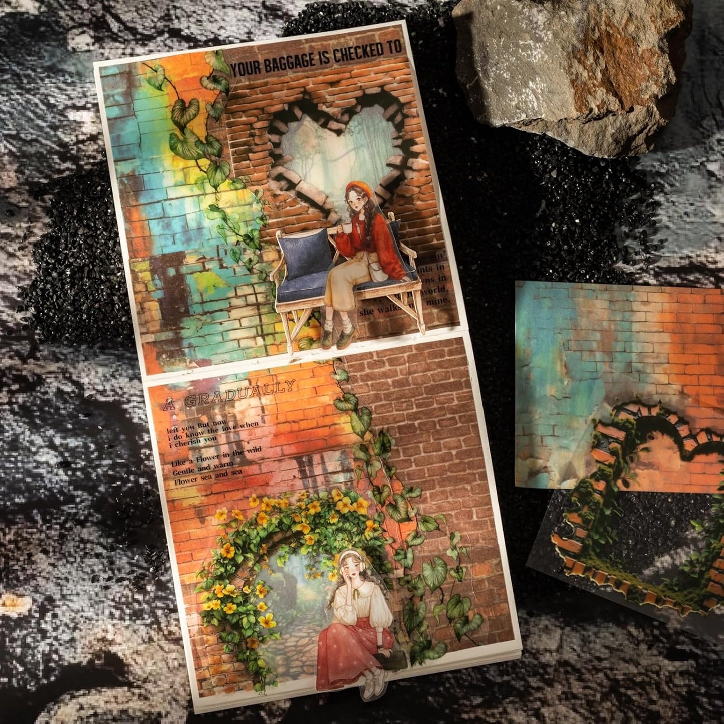 PET & Washi Sticker and Paper Kit – 180 PCS Vintage Brick Wall & Vine Ephemera for Scrapbook, Junk Journal, Collage and DIY Crafts