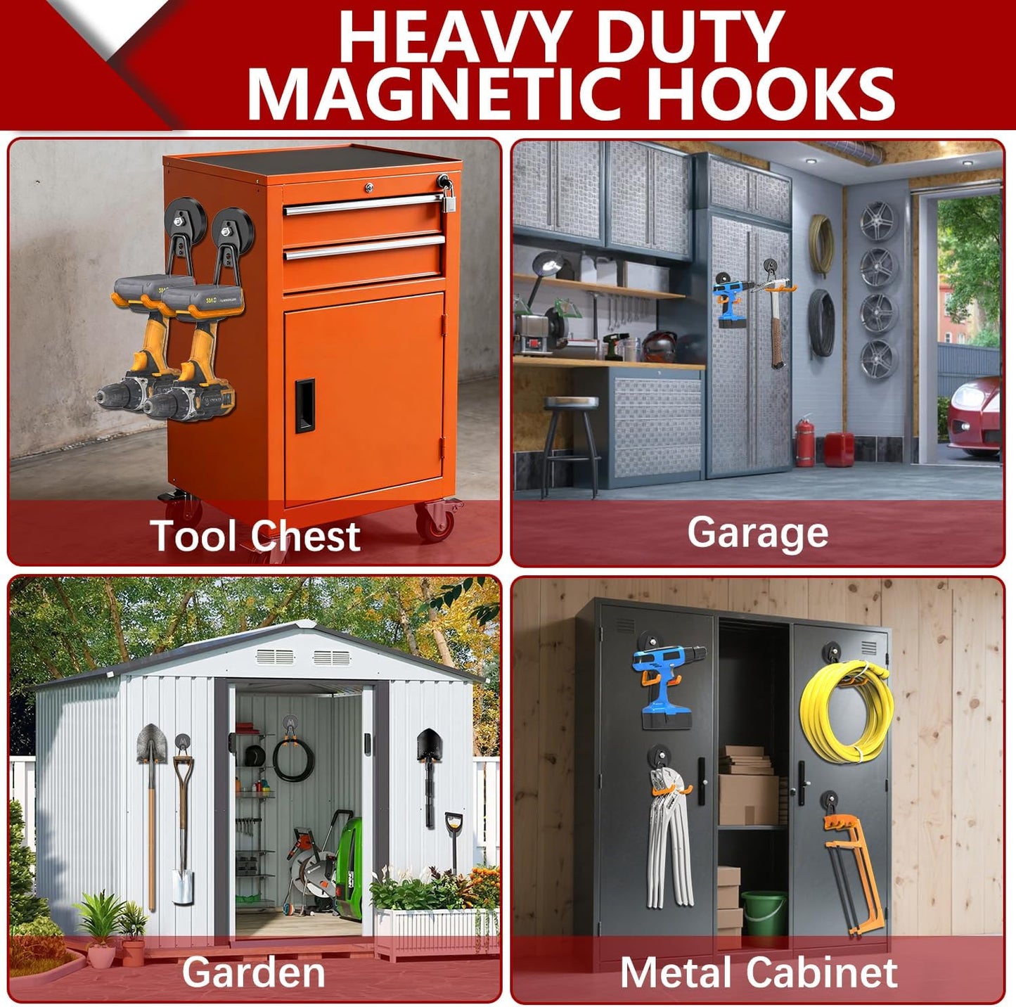 3-H Heavy Duty Magnet Garage Hooks 4 Pack, Extra Large Strong Magnetic Hooks for Hanging Cordless Power Drill, Utility Magnetic Tool Holder for Metal Cabinet, Steel Pegboard, Toolbox, Garage(Orange)