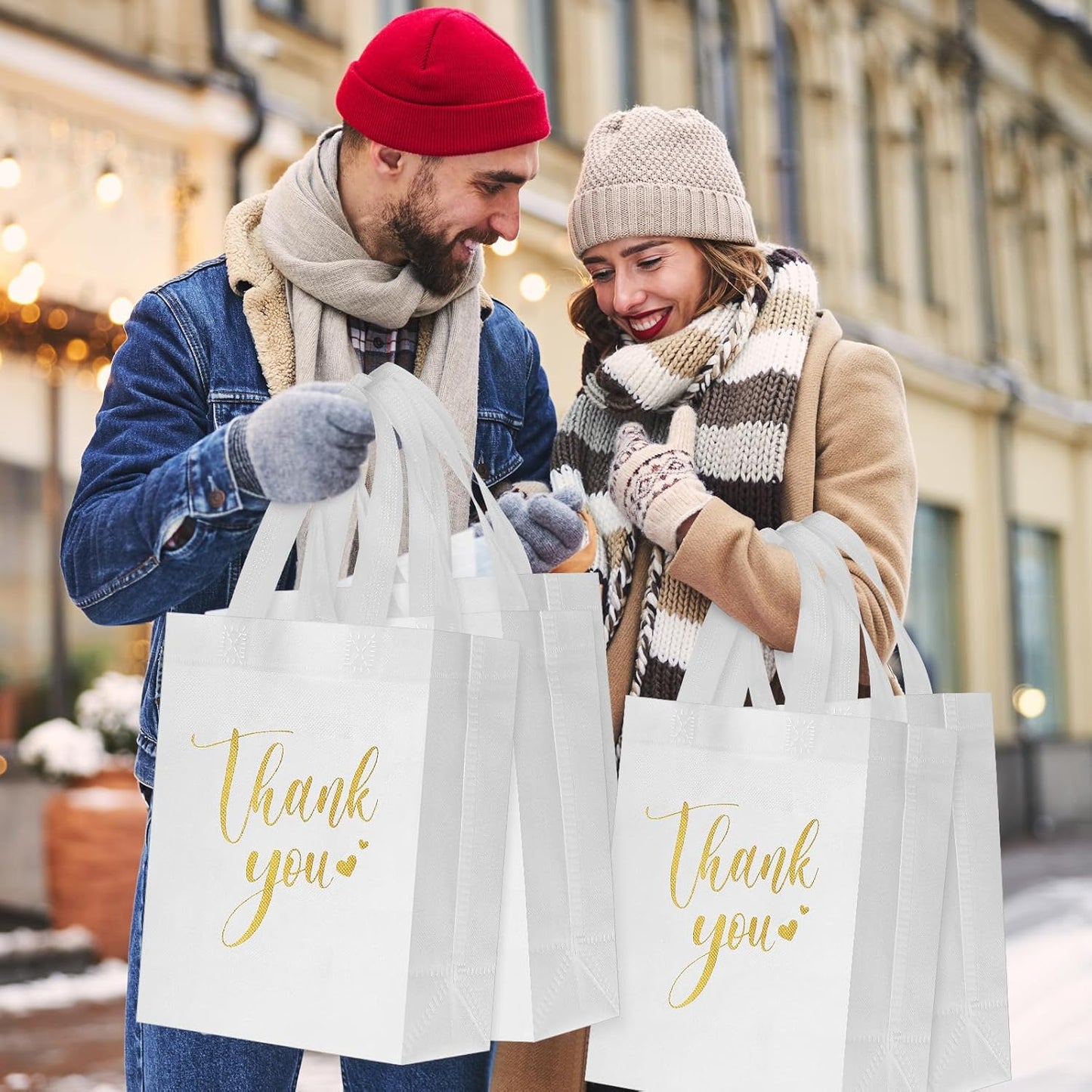 Sweetude 30 Pcs Thank You Gift Bags with Handles Bulk Reusable Goodie Bag Non Woven Foldable Handbag for Graduation Wedding Bridesmaid Gifts(10 x 8 x 4 Inch,White)