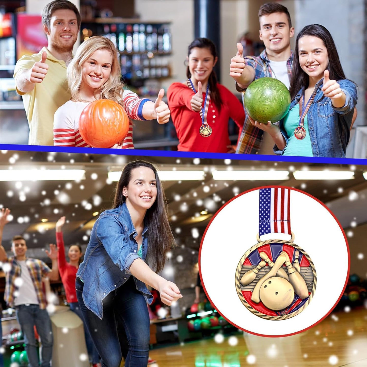 3 Pcs Bowling Medal 2.5 Inch Bowling Trophy Gold Silver Bronze 1st 2nd 3rd Place Award Medals with Stars and Stripes American Flag Ribbon for Competitions, Club Celebration Souvenir Tournament
