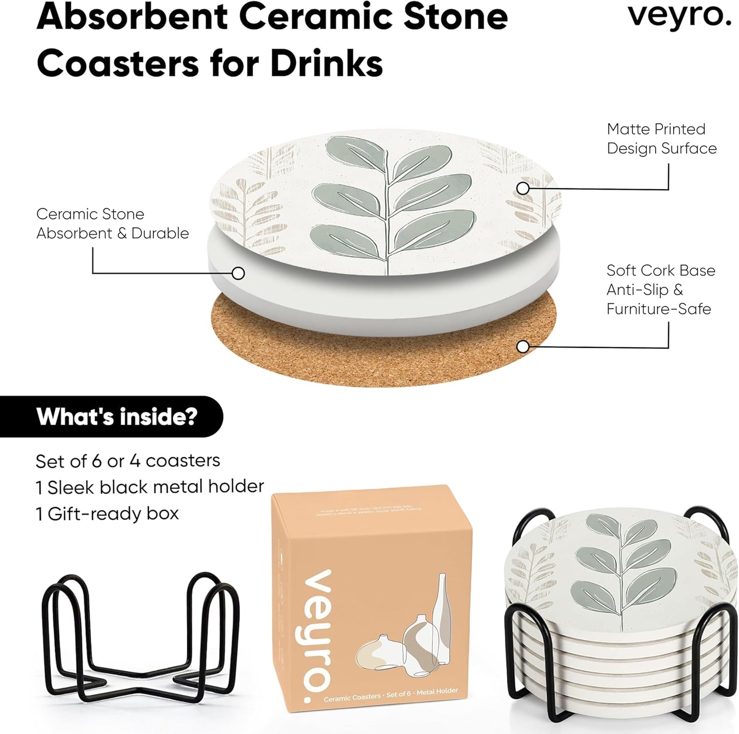 VEYRO Coasters Set of 4 for Drinks – Absorbent Ceramic Stone Drink Coasters with Cork Backing for Coffee Table & Desk, Modern Boho Look Cup Coaster Set, Housewarming Gift for New Home