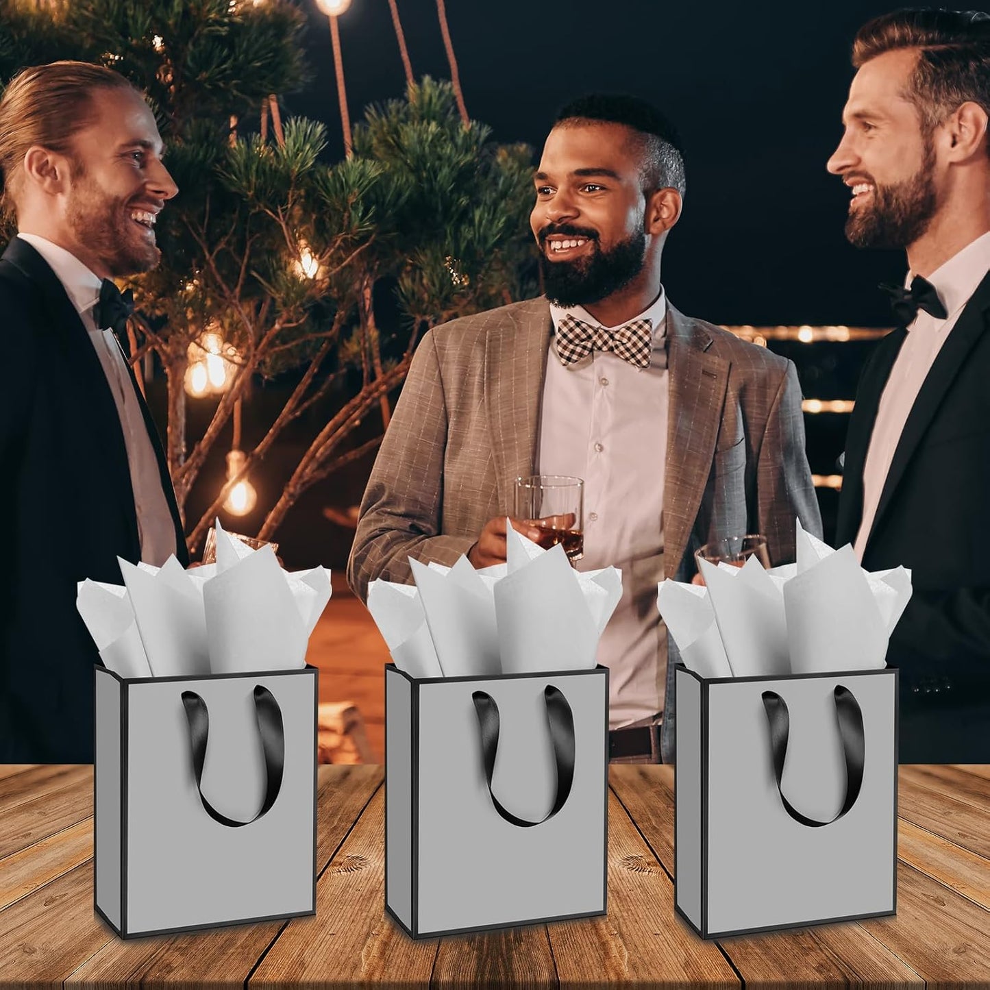 Yeaqee 24 Pack Metallic Paper Gift Bags with Handle and Tissue 9x7x3.1 Gold Foil Welcome Favor Bags Return Gifts for Wedding Fall 5 Senses Christmas Bridesmaid Birthday(Gray, Black)