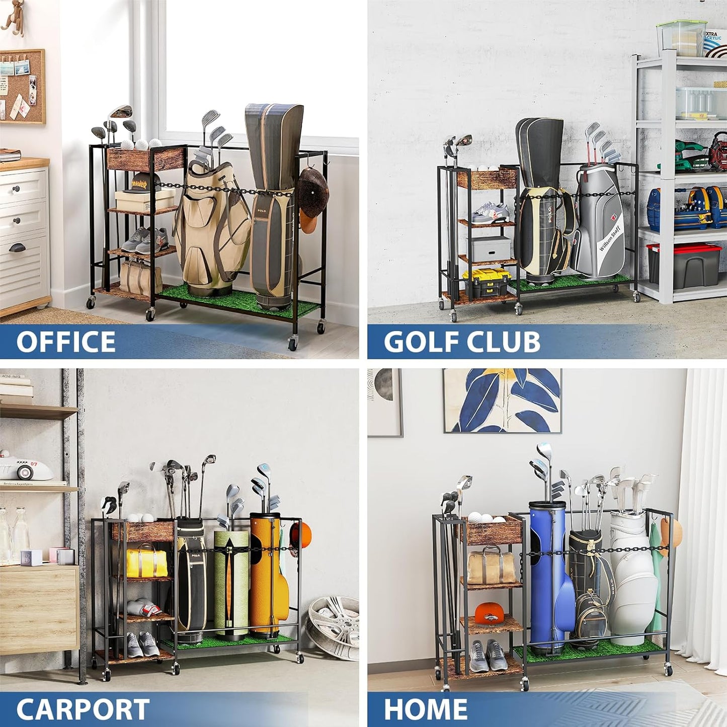 Golf Bag Organizer Garage Sports Equipment Organizer Golf Bag Stand Golf Club Storage Rolling Wheels Breaks Large Capacity Heavy Duty Golf Stand