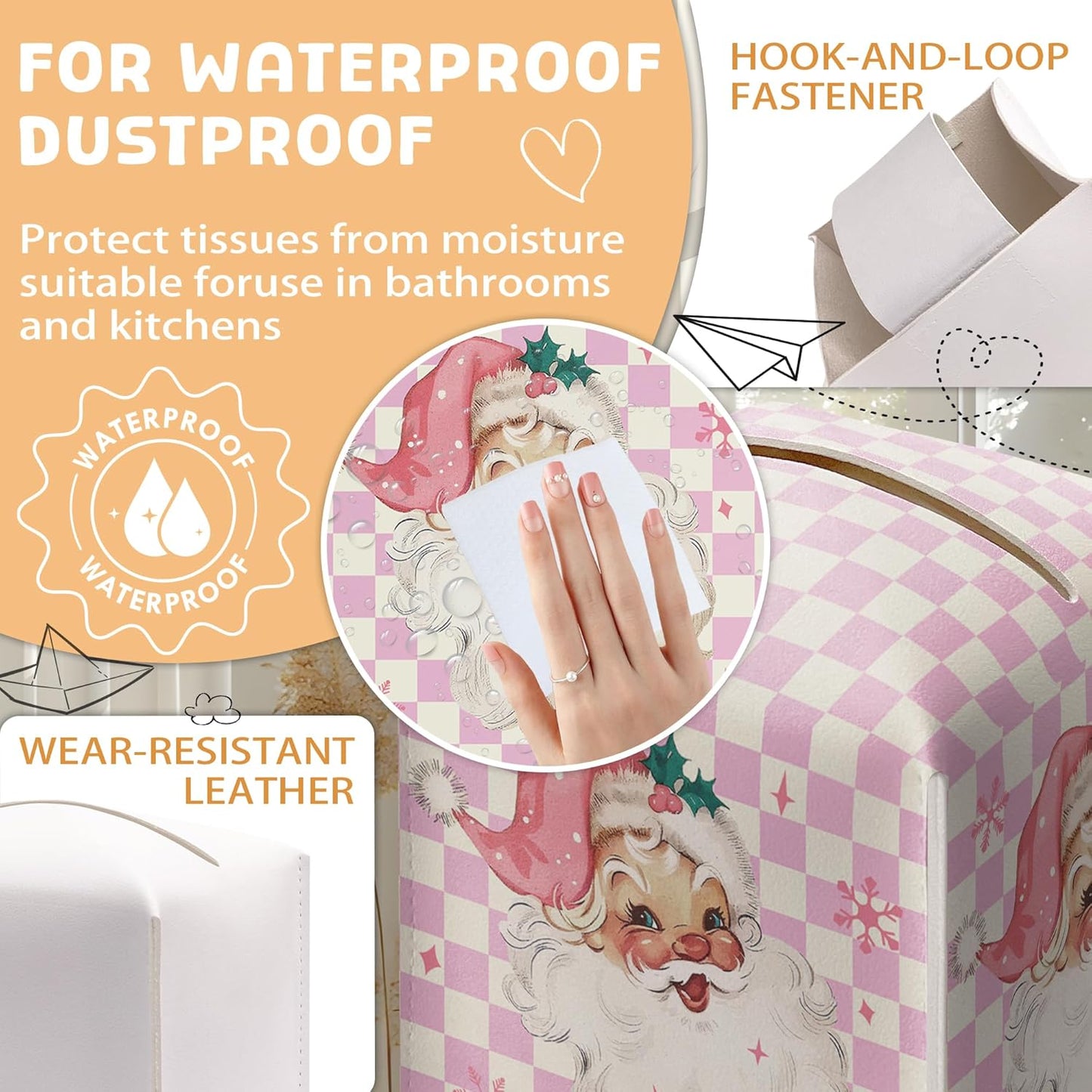 Merry Christmas Tissue Box Holder, Santa Claus Pink Checkered Leather Tissue Box Cover Square, Paper Facial Decorative Tissues Cover for Night Stands Bathroom Office Home Decor-B09