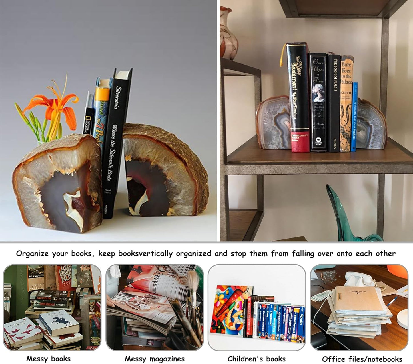 AMOYSTONE Natural Agate Bookends, Stone Book Ends for Kids’ Books, Small Crystal Book Stopper 2-3 LBS, Decorative Bookends for Shelves, for Children's