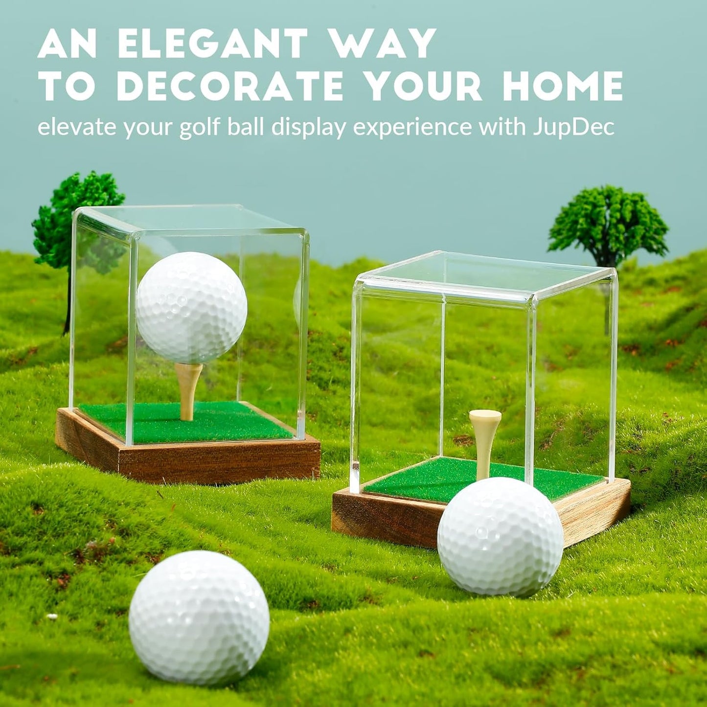 JupDec Golf Ball Display Case Clear Acrylic Memorabilia Stand Cube Holder with Wood Base & Tee, Dust Protection Transparent Storage Box for Single Ball Souvenir Golfball Collections, Brown, 1 Pack