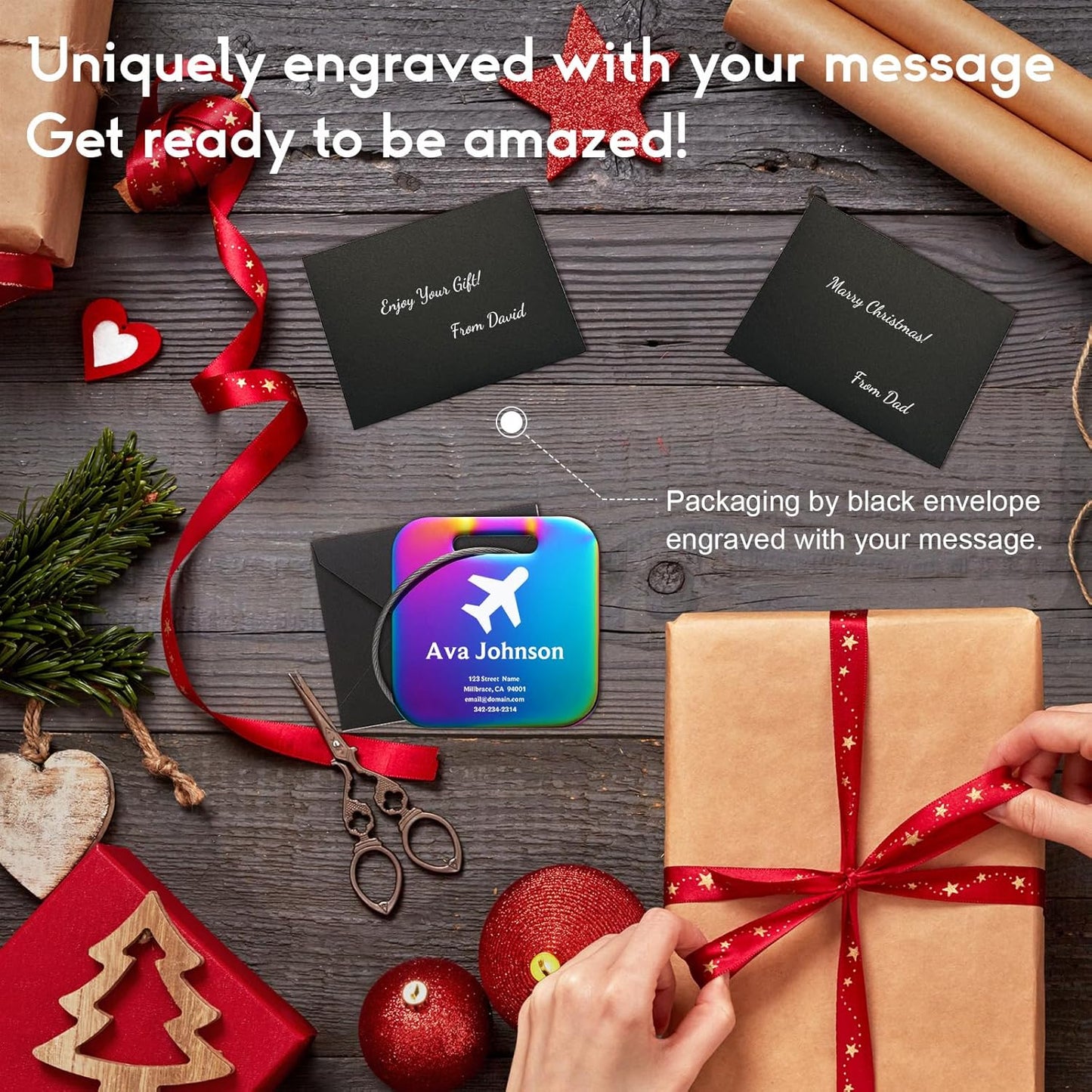 Customizable Stainless Steel Square Luggage Tags, Personalized, Metal, Suitcase, Bag, TSA Approved, Travel, Custom Text, Laser Engraved, Classic Square, Multicolor, 1 Count