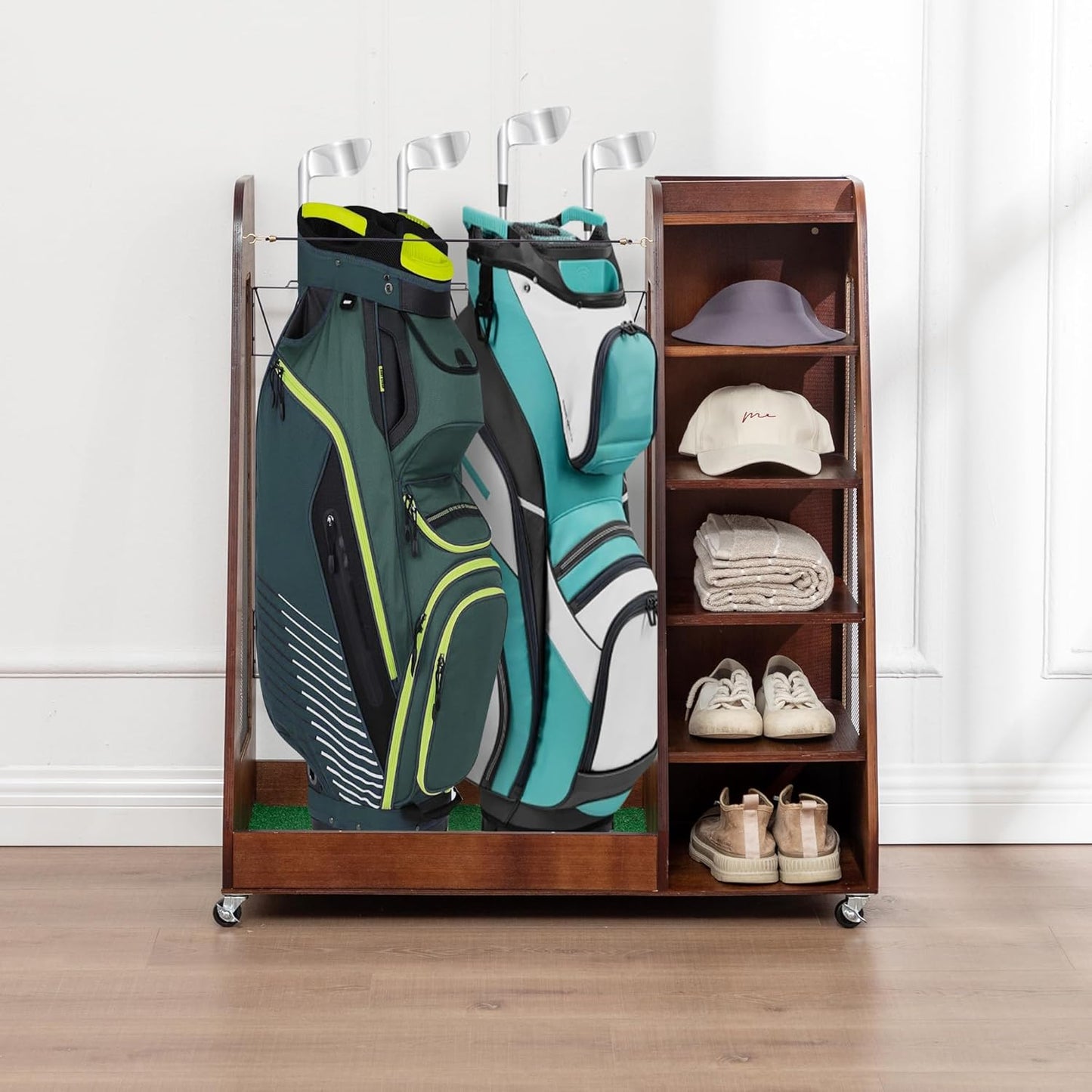 Wooden Golf Bag Organizer and Storage Rack, Wooden 2 Golf Bag Rack with Drawers, Easy to Assemble Golf Club Holder/Stand with Club Holders on Side
