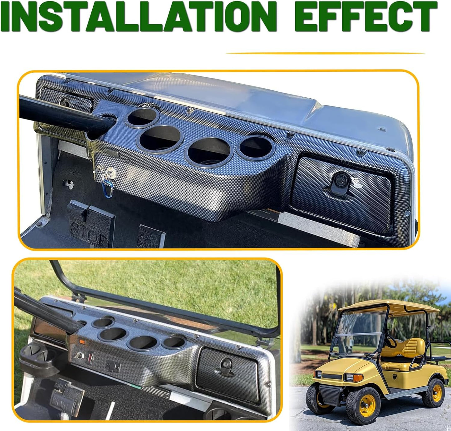 HECASA Dash Board Cover Assembly Compatible with 1982-Up Club Car DS Golf Cart Carbon Fiber Style Glove Boxes 4 Cup Holders (DS Models ONLY)