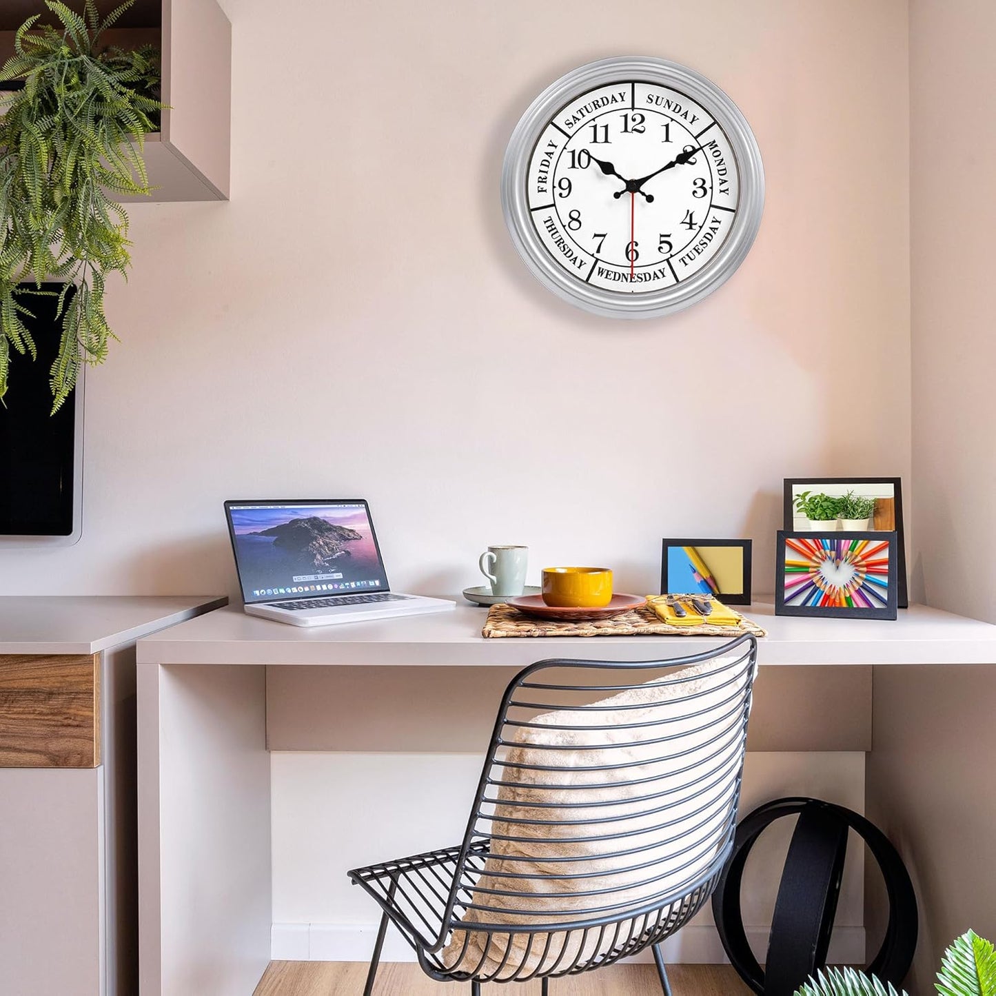 JENLYSTIME 12 Inch Retro Wall Clock,Classic Day of The Week Wall Clock,Silent Non Ticking Battery Operated Movement(Silver)