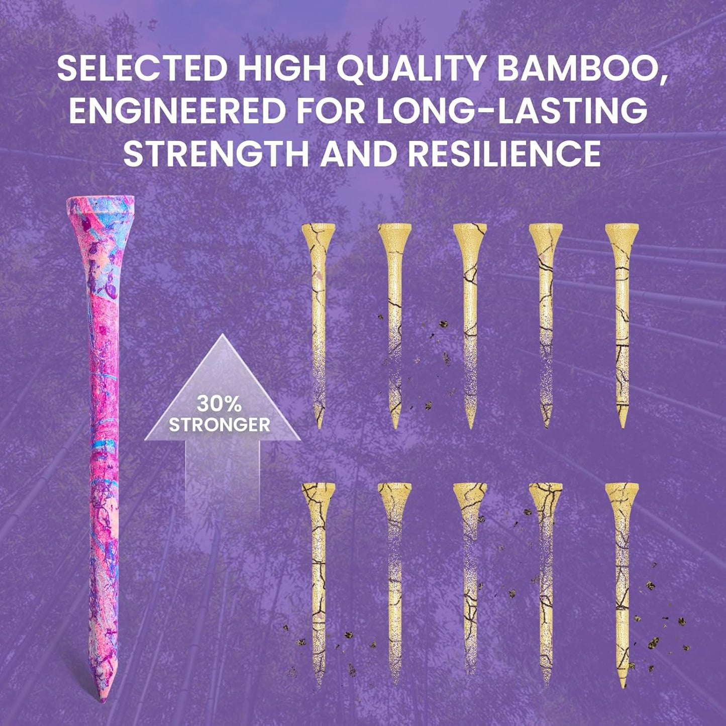 Amy Sport Golf Tees Styllish Bamboo Wooden Coloured Painted Bulk 200 Pack 1 1/2 3 1/4 2 3/4 Inch Tee, Enhanced Visibility Color Purple Pink Green Blue, Practice for Men Women