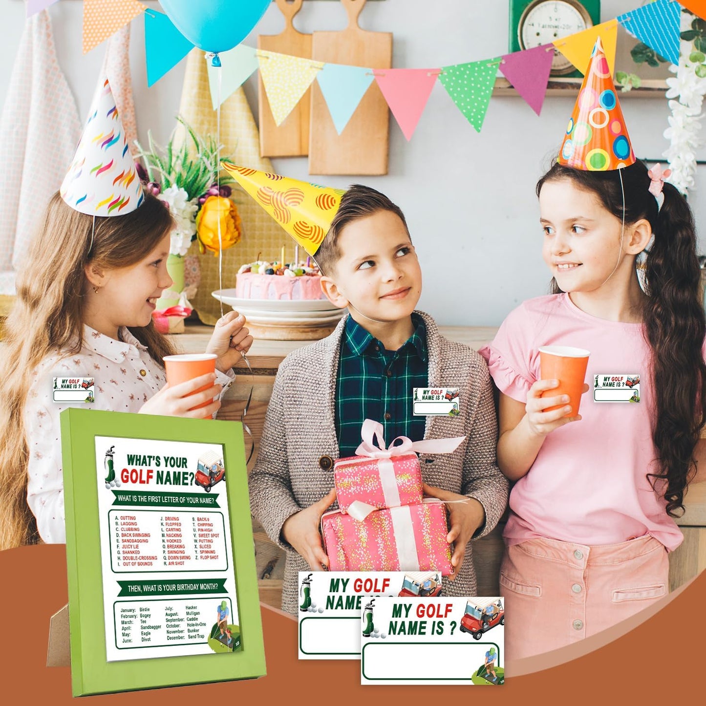 ZAQTS-What's Your Golf Name, Green Frame, 1 Golf Theme Sign, 30 Name Tag Stickers, Golf Birthday Party Game, Icebreakers, Birthday Party Decorations, Family Fun-MZ02