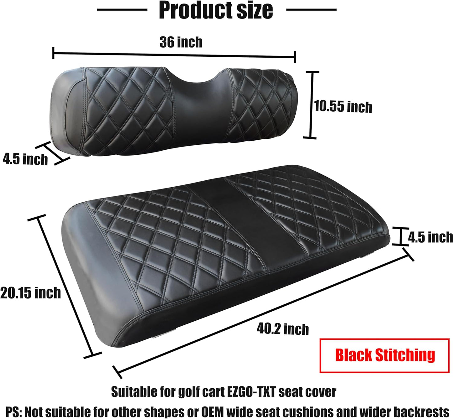 NOKINS Golf Cart ET Front Seat Covers Suitable for EZGO TXT 1994-2013/EZGO RXV OEM Standard Front Seat Cushion, No Stapler Required, Golf Cart Vinyl Replacement Seat Cover Black Stitching